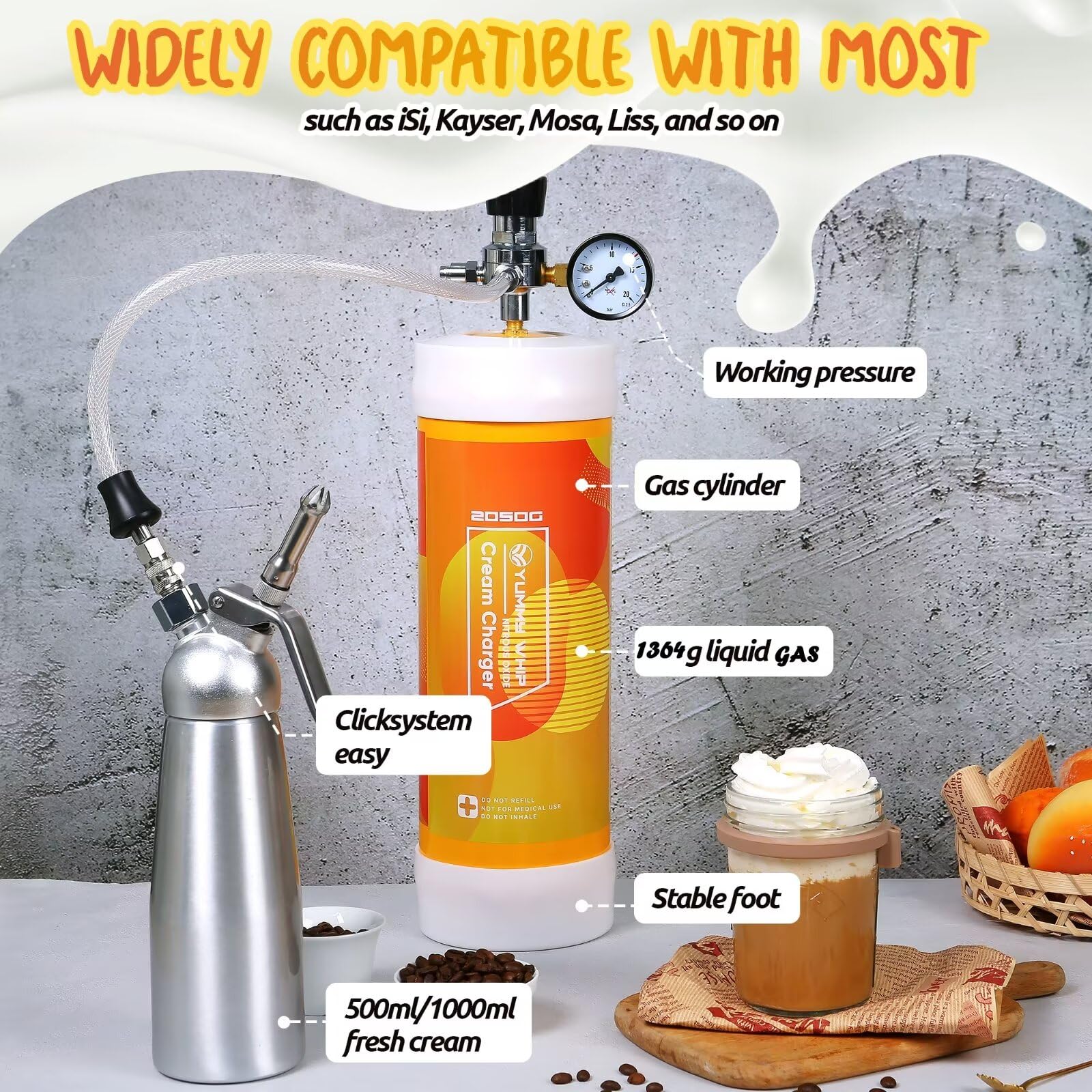Premium 3.3L 2050g Whipped Cream Chargers - 2 Cylinders with Nozzle for Professional Dessert Topping, Coffee Garnish & Home Baking | Compatible with Whipped Cream Dispensers & Canisters