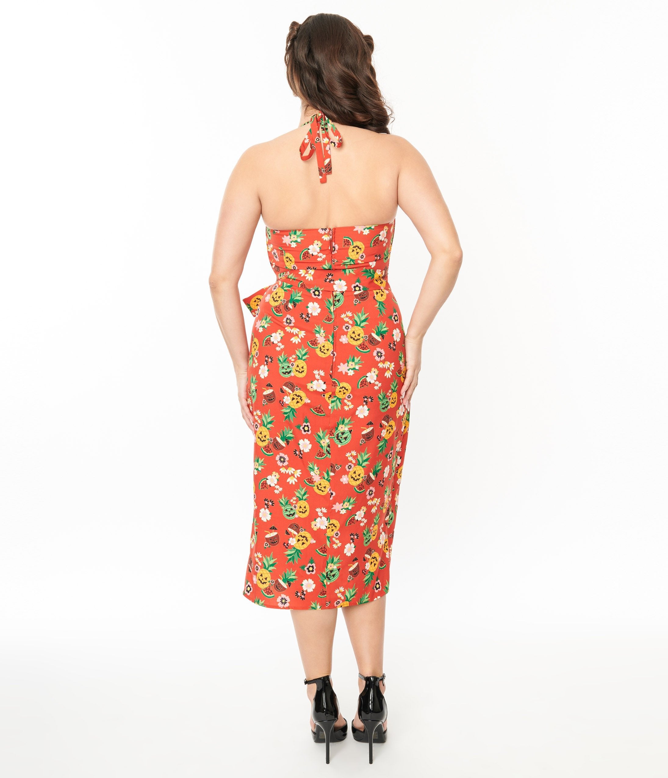 Vintage 1950s Rust & June O Ween Fruit Print Leilani Sarong Dress - Retro Hawaiian Style Beach Cover Up for Women, Perfect for Luau Party, Summer Vacation & Tropical Getaway