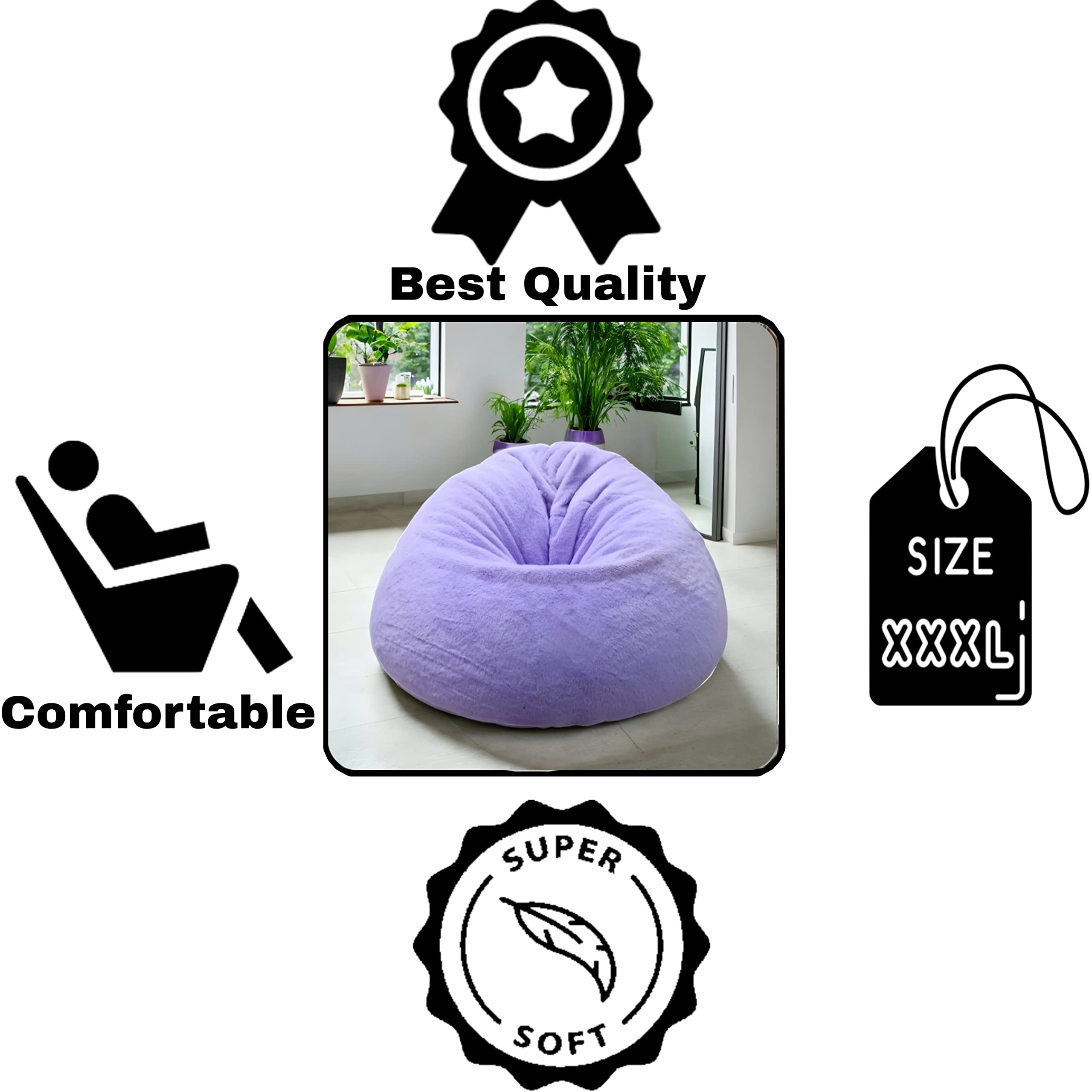 Purple Bean Bag Chair Cover - Soft Fur Bean Bag Sofa Lounger for Kids & Adults - XXXL Comfortable Bean Bag Replacement Cover (No Beans Included) - Perfect for Living Room, Bedroom, or Game Room Relaxation