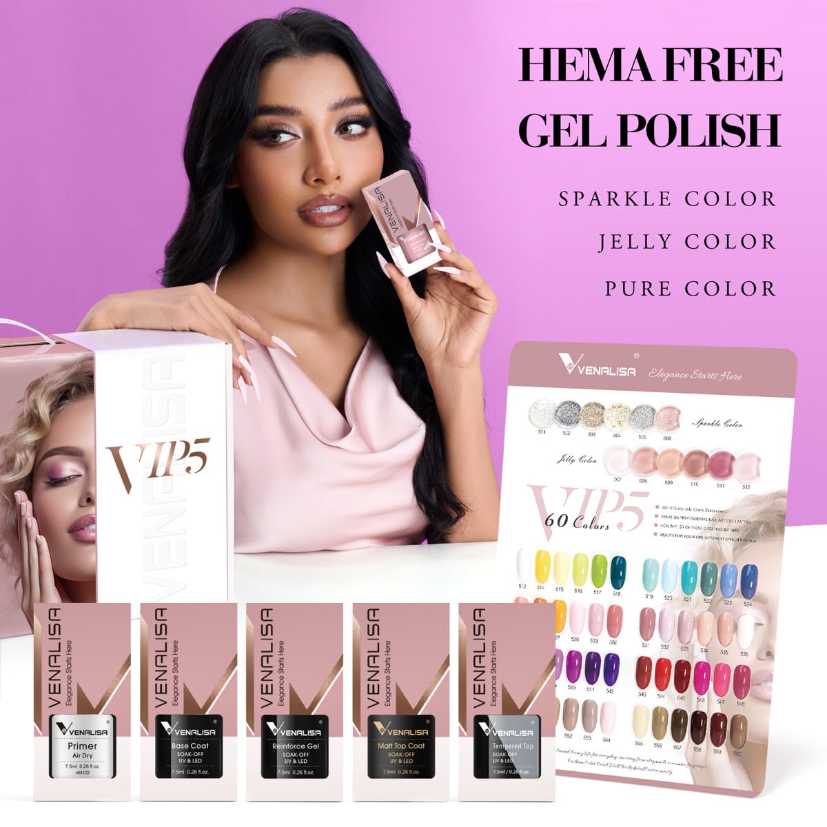 VENALISA VIP5 Gel Nail Polish Set - 65 Pcs Soak Off UV LED Gel Polish Kit with Color Book | Pure Jelly & Glitter Nail Colors for Salon & DIY Home Manicure | Perfect for Nail Art, Parties, Weddings & Gift Giving