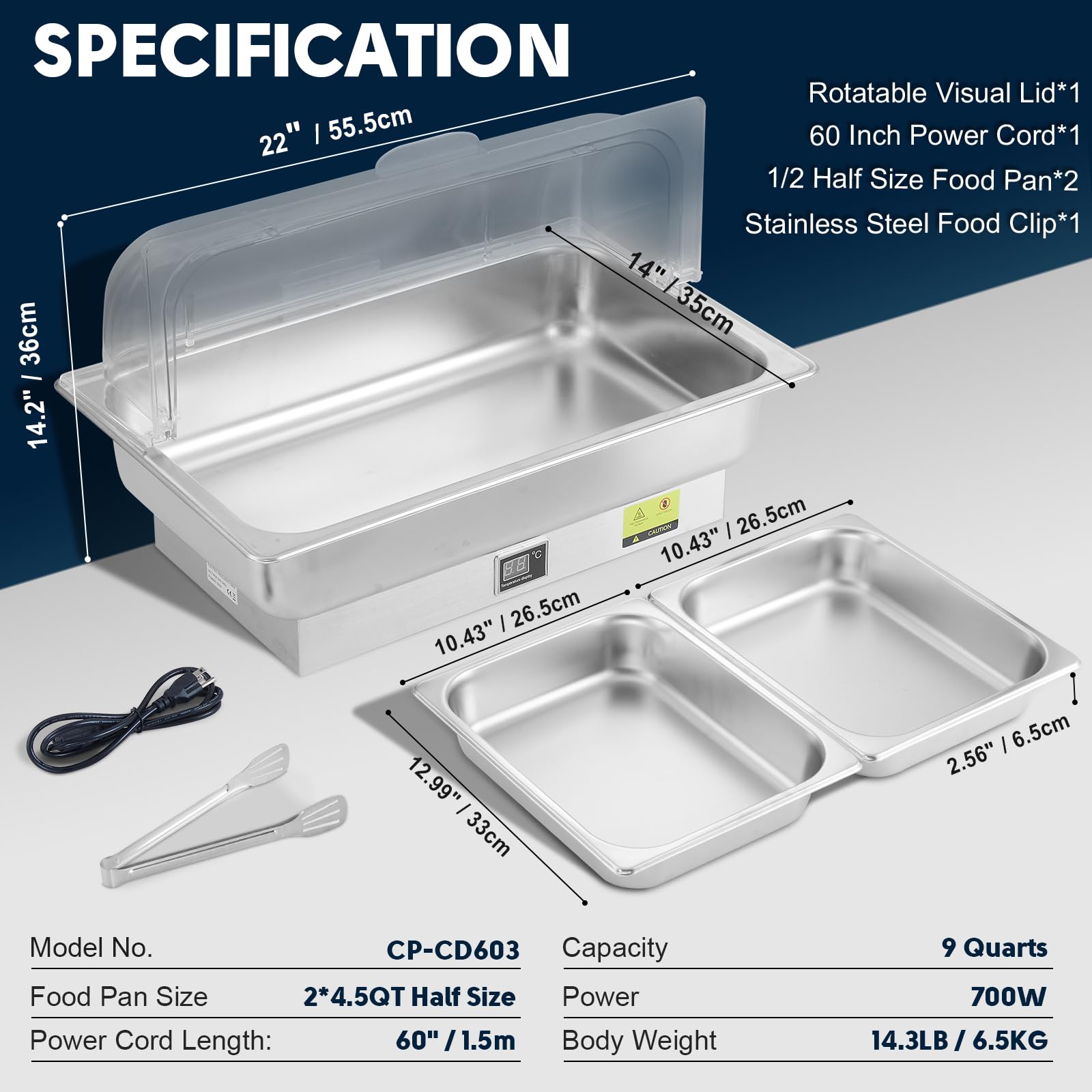 Electric Chafing Dish Buffet Set - 2 x 4.5QT Half Size with Adjustable Temperature & Roll Top Lid - 700W Catering Warmers for Parties, Buffets & Events - Perfect for Restaurants, Weddings & Home Entertaining