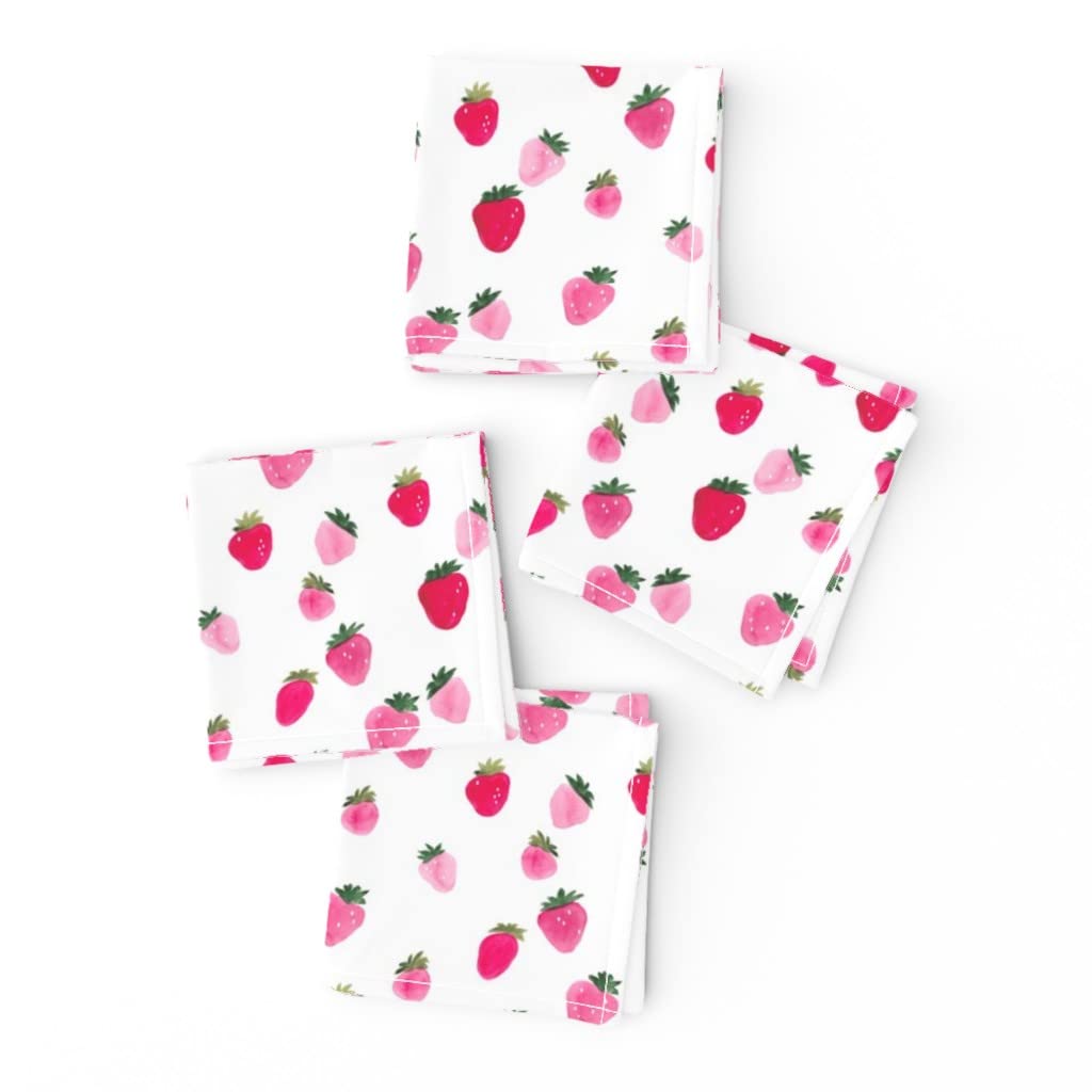 Watercolor Strawberries Printed Linen Cotton Cocktail Napkins (Set of 4) - Summer Pink Red Fruit Design for Modern Nursery, Baby Shower & Home Decor | Perfect for Parties, Bridal Showers & Kitchen Use