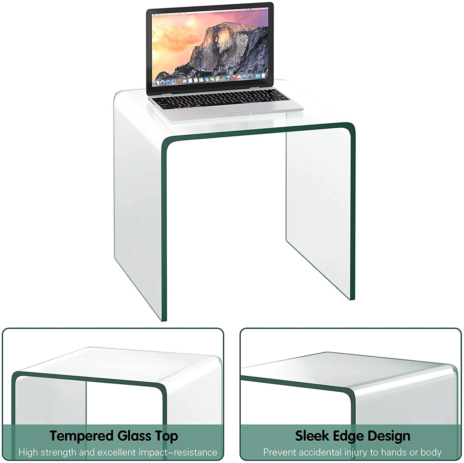 Premium U-Shaped Tempered Glass End Table - Clear Modern Coffee & Snack Table with Rounded Corners & Non-Slip Foot Pads - Perfect for Living Room, Bedroom, Office - Ideal for Sofa Side, Bedside & Small Space Decor