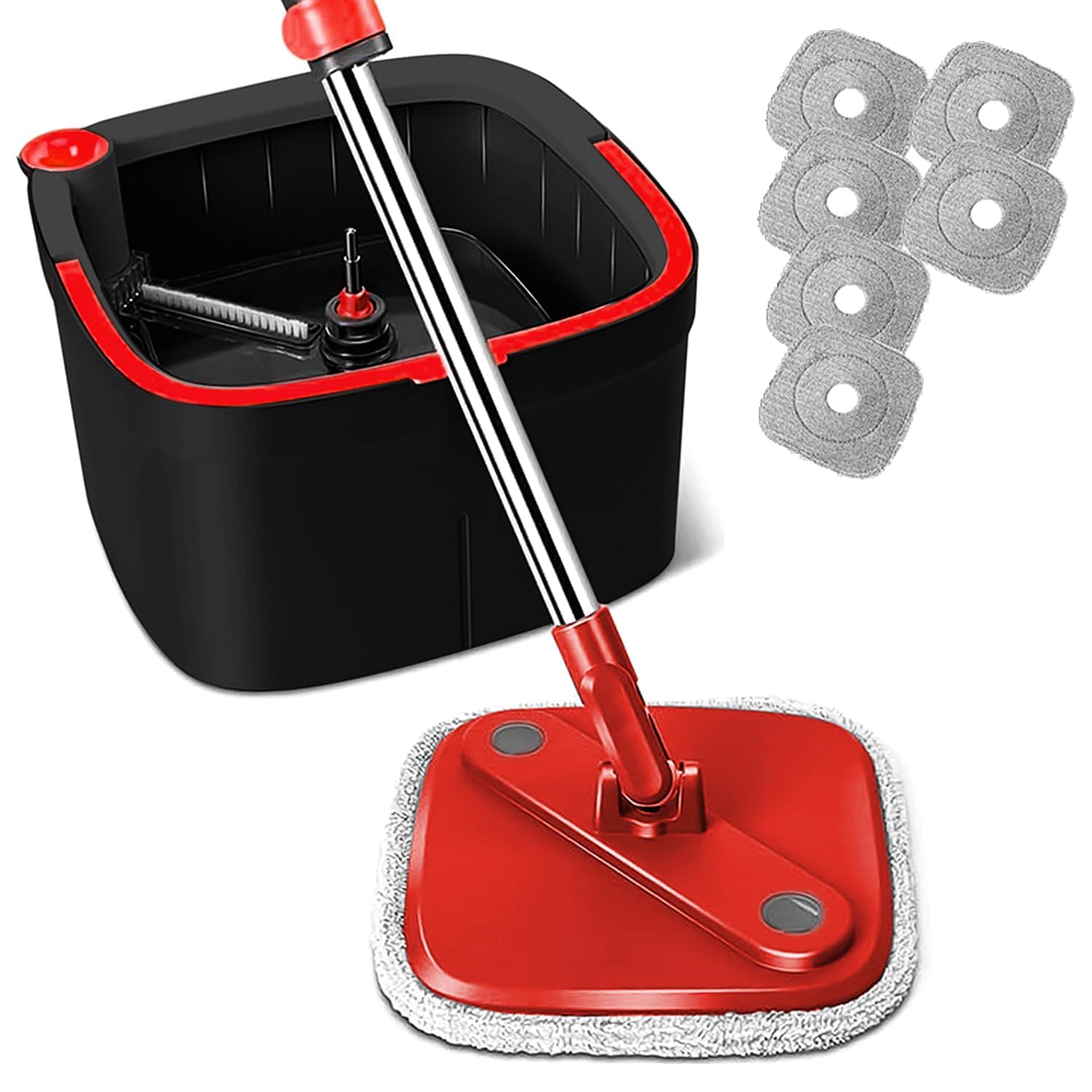 KZKR Spin Square Mop and Bucket Set with 6 Replaceable Microfiber Pads - Self-Cleaning System with Dirty/Clean Water Separation - 360° Rotating Self-Wringing Mop for Hardwood, Tile & Laminate Floors - Perfect for Home, Kitchen, and Bathroom Cleaning