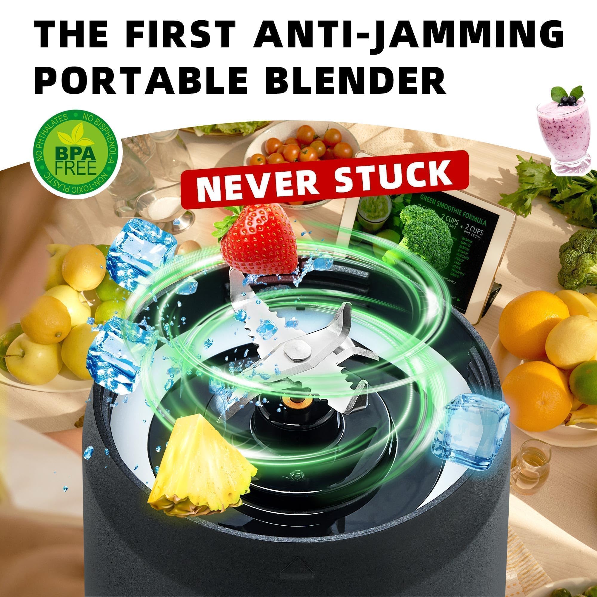 Portable USB-C Rechargeable Blender for Smoothies, Protein Shakes & Juices - 24oz BPA-Free Electric Mixer with Anti-Jamming Technology & Travel Lid - Perfect for Kitchen, Gym, Office & Outdoor Activities (Black Base Yellow Lid)