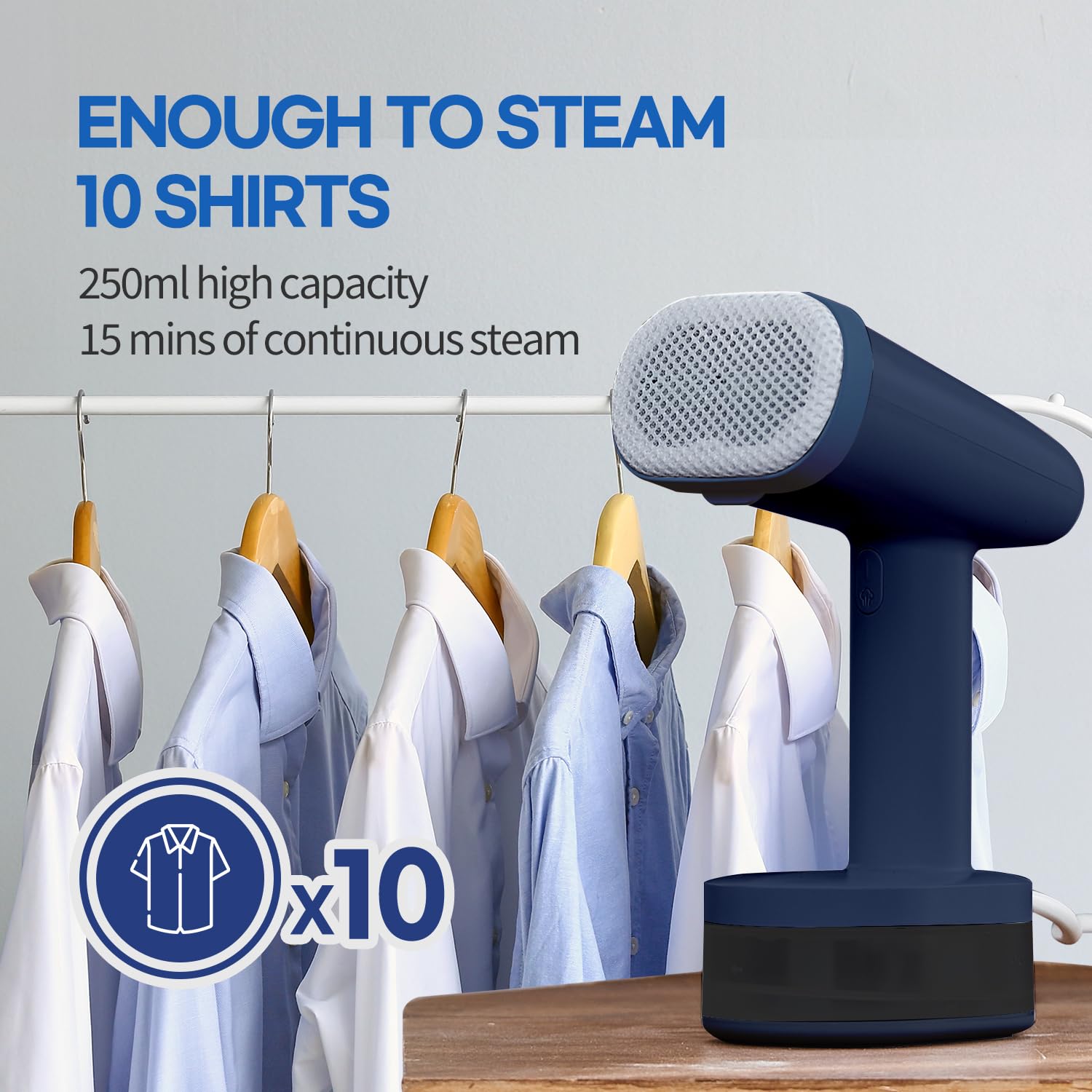 HubiCare 1500W Handheld Clothes Steamer with 250ml Large Water Tank - Portable Fabric Wrinkle Remover for Travel, Home & Office - Compact Garment Steamer for Dresses, Suits & Curtains (Navy, 120V Only)