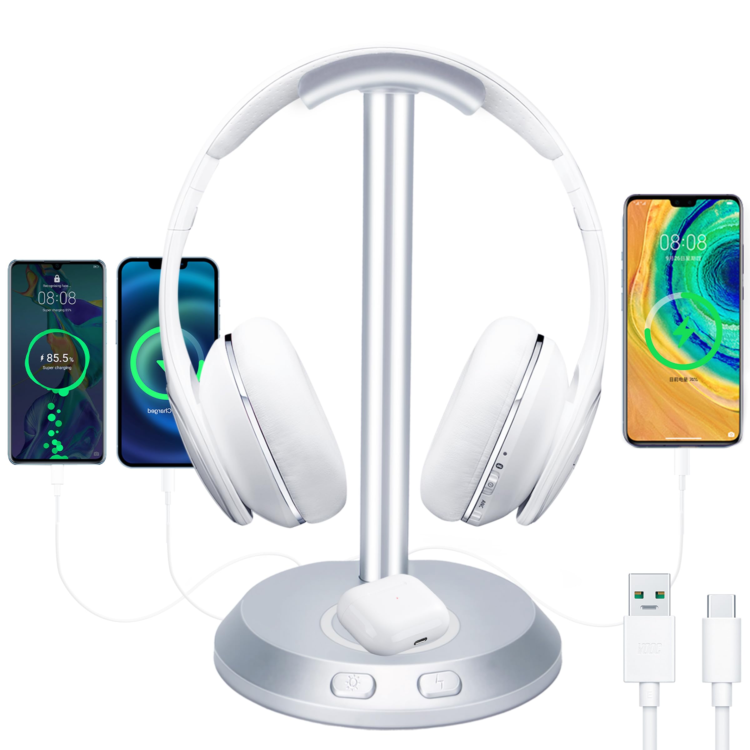 RGB Gaming Headphone Stand with 15W Wireless Charger - Stylish Desk Accessory for Computer & Gaming Setup - Perfect Headset Holder for AirPods, Wireless Headphones & Gaming Accessories - Ideal for Home Office, Streaming & Esports Battlestations