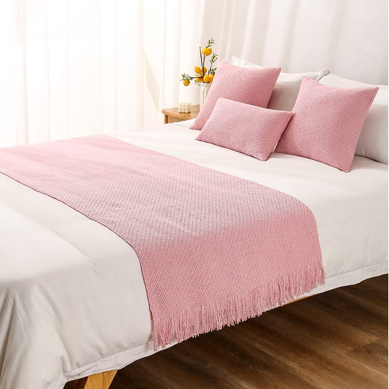 ZUUNA Nordic Modern Bed Runner - Solid Tassel Design Decorative Bedspread for Home Decor in Pink, Grey & Yellow | Perfect for Master Bedroom, Guest Room & Boho Chic Decor