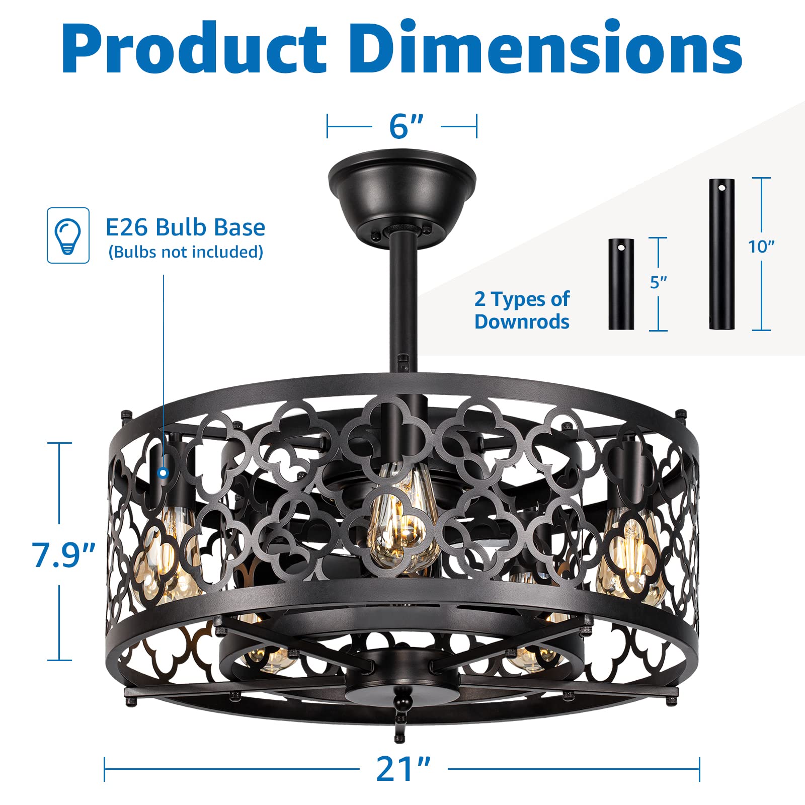 **SUNVIE 21-inch Caged Ceiling Fan with Lights & Remote Control - Industrial Bladeless Enclosed Ceiling Fan with Reversible Motor, 5 E26 Base (No Bulb Included) - Perfect for Bedroom, Kitchen, Living Room, Office & Patio**
