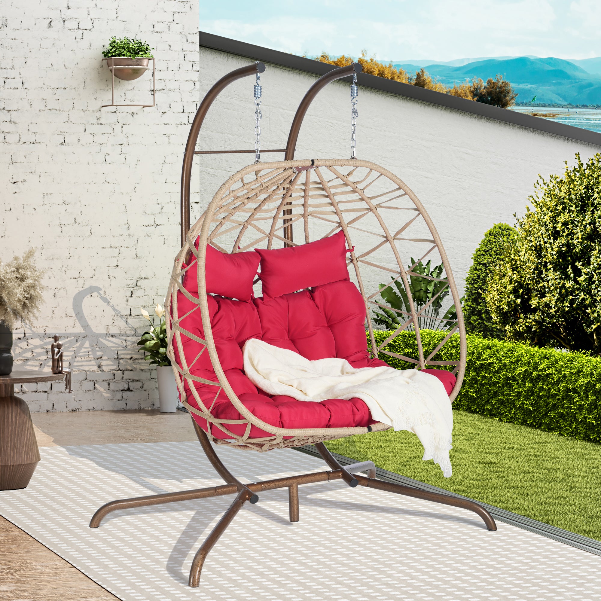 Double Egg Chair with Stand - Indoor/Outdoor Hanging Wicker Rattan Swing Chair with UV-Resistant Cushions (600 lbs Capacity) - Perfect for Bedroom, Balcony, Patio & Garden Relaxation