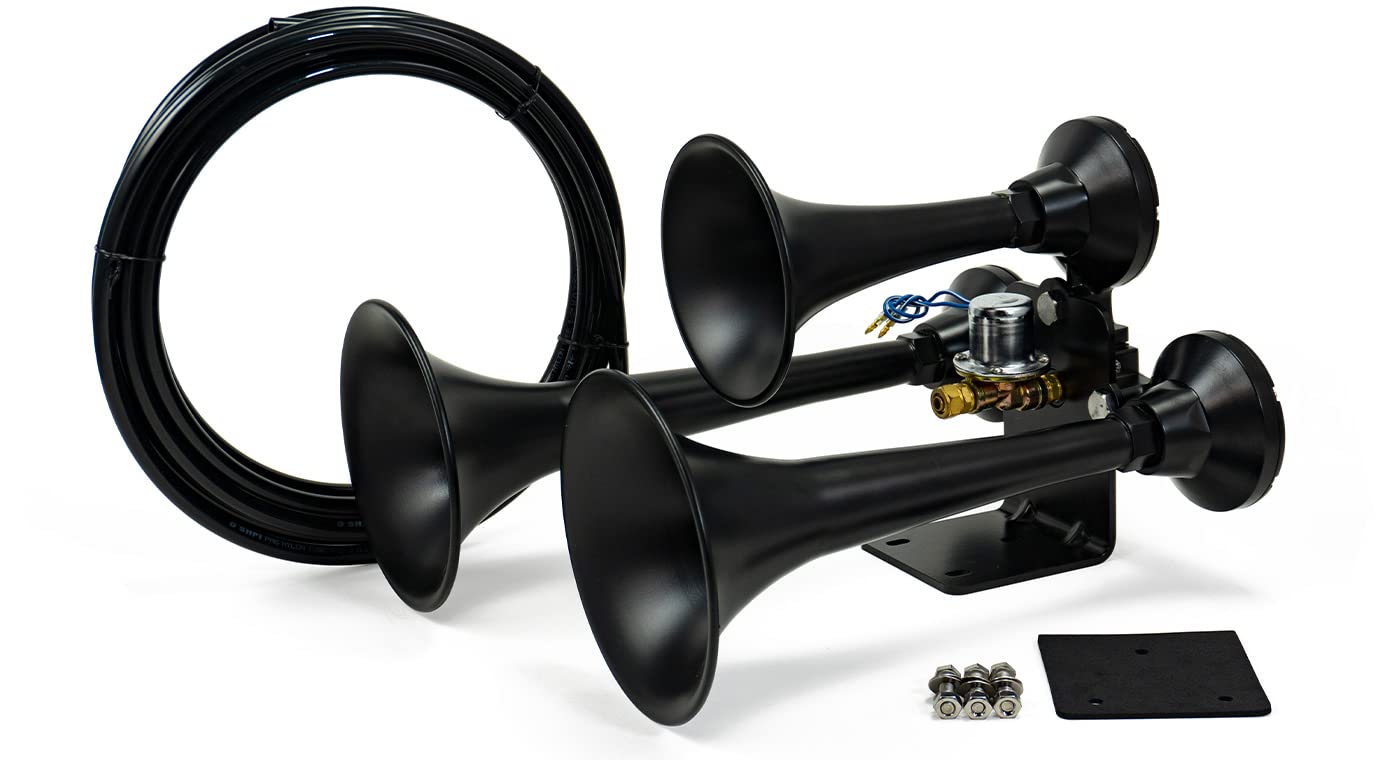HornBlasters Outlaw Black 12/24 Volt Train Horn Kit - 3 Trumpet Air Horn for Trucks & Vehicles - Loud 150dB Sound for Emergency & Safety - Perfect for Semi Trucks, Boats & Off-Road Adventures