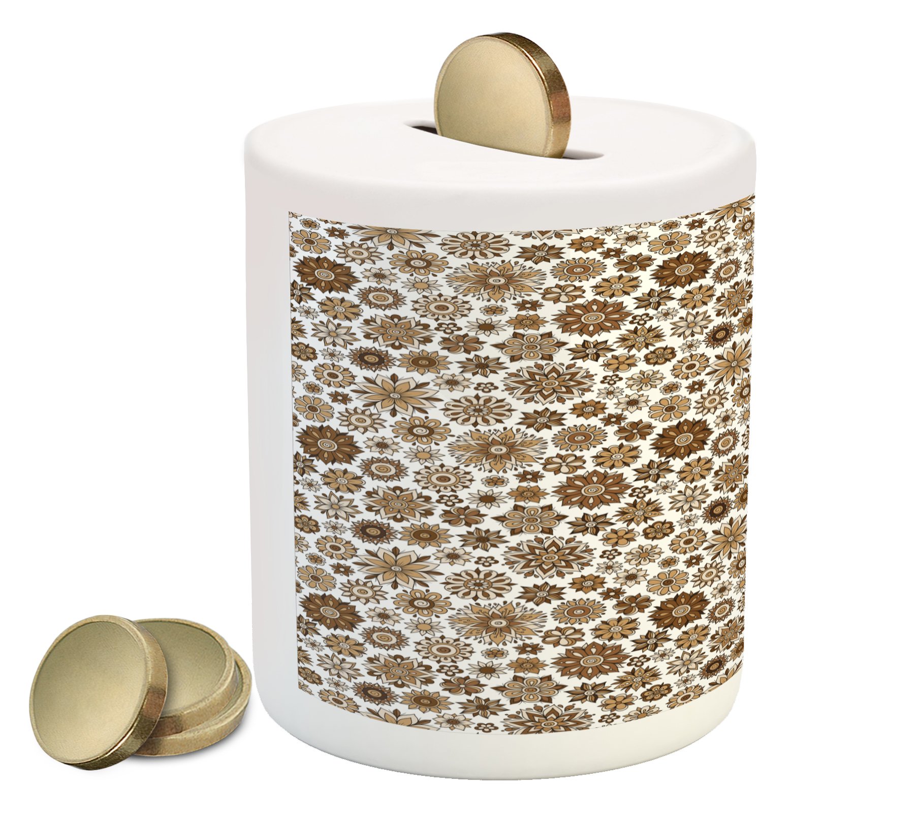 Ambesonne Ceramic Piggy Bank - Doodle Style Vintage Floral Design, Brown Tan & Pale Yellow Money Box for Cash Savings | Perfect Gift for Kids, Teens & Home Decor