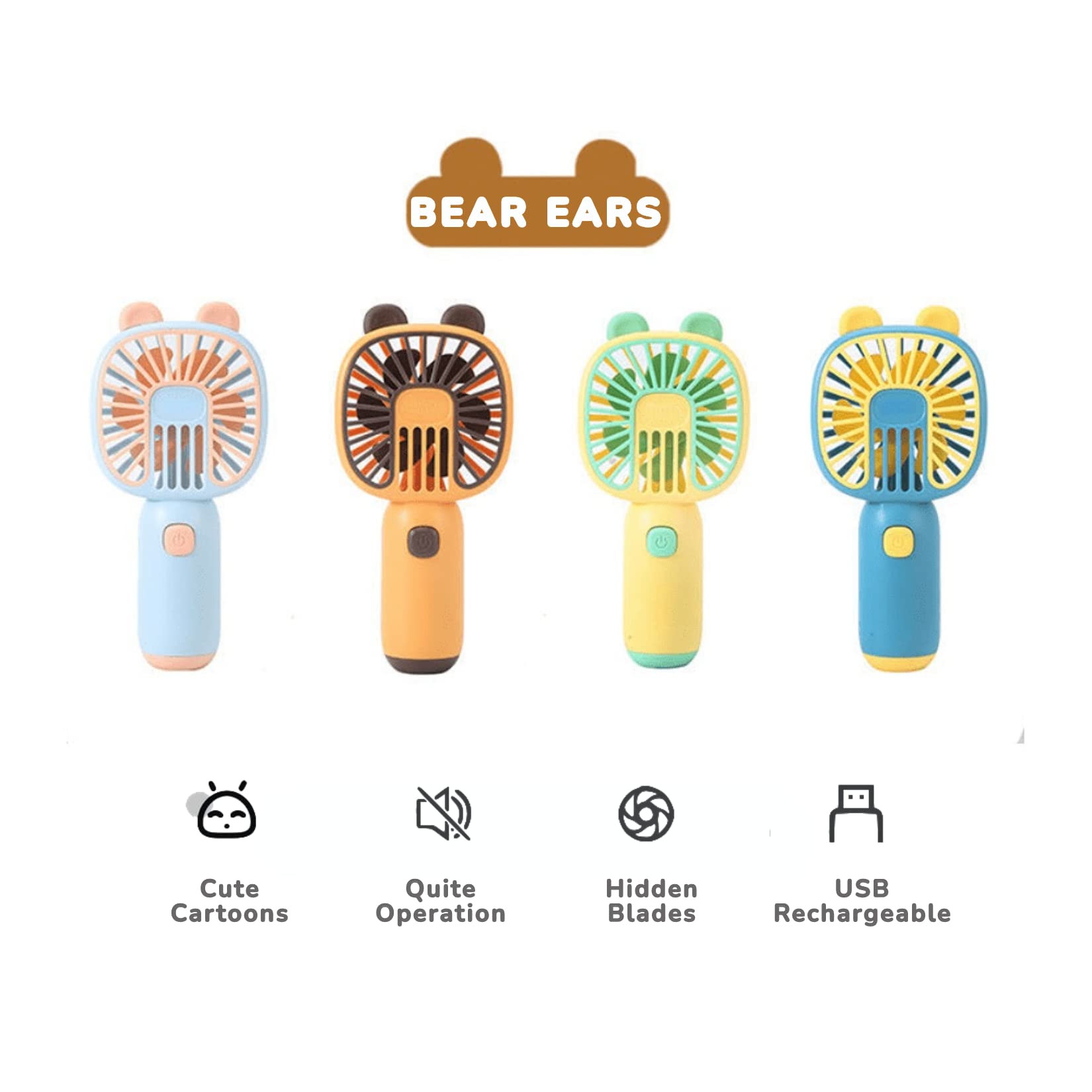 Kawaii Mini Handheld Personal Fan - USB Rechargeable Battery Operated Portable Fan for Teens & Kids - Light Blue Bear Ear Design - Perfect for School, Office, Travel & Outdoor Summer Cooling