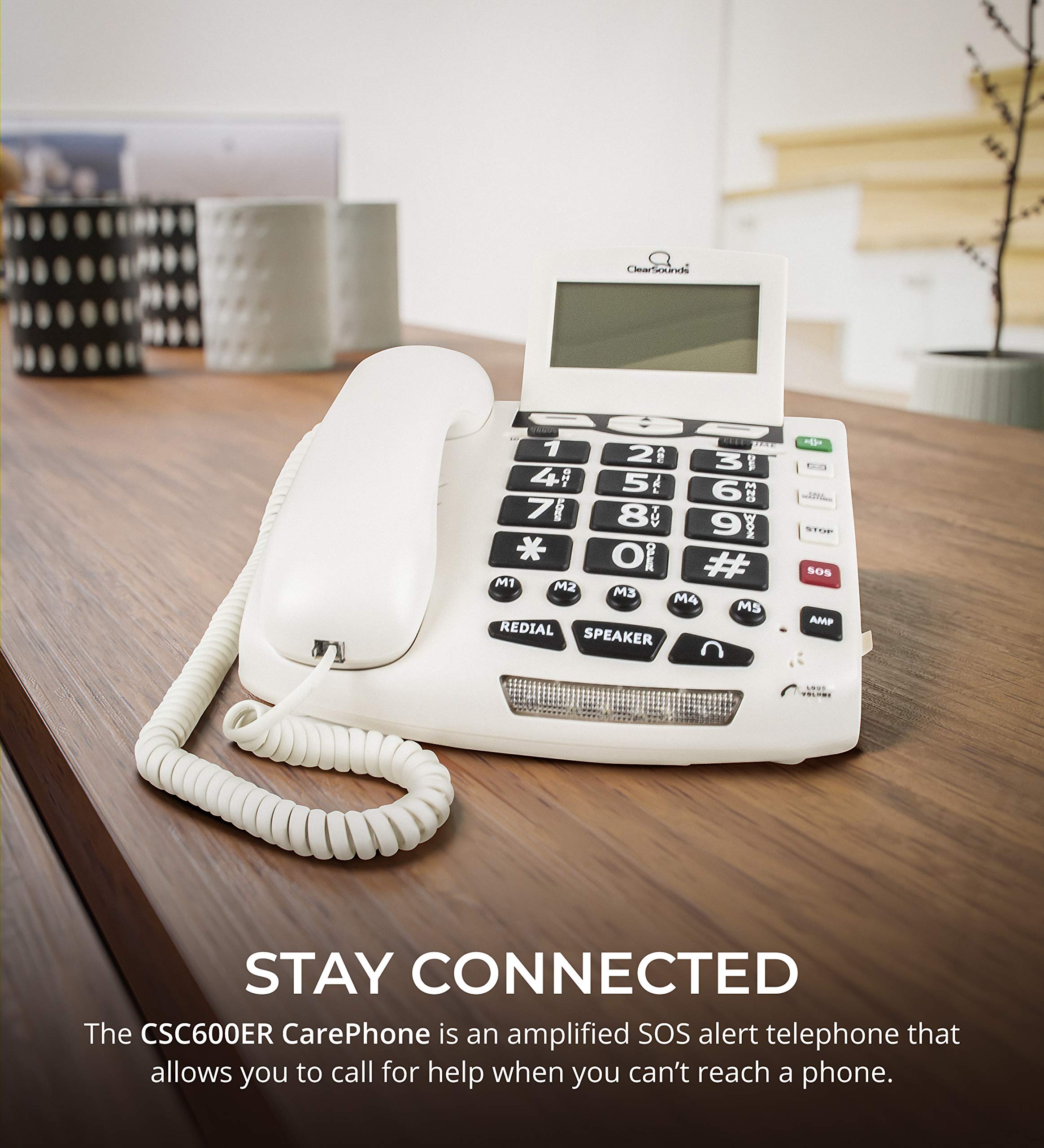 Amplified Corded Phone with Wireless SOS Alarm Pendant & Remote Audio Monitoring - Single-Line Operation, AC Powered - Ideal for Elderly Care & Home Security