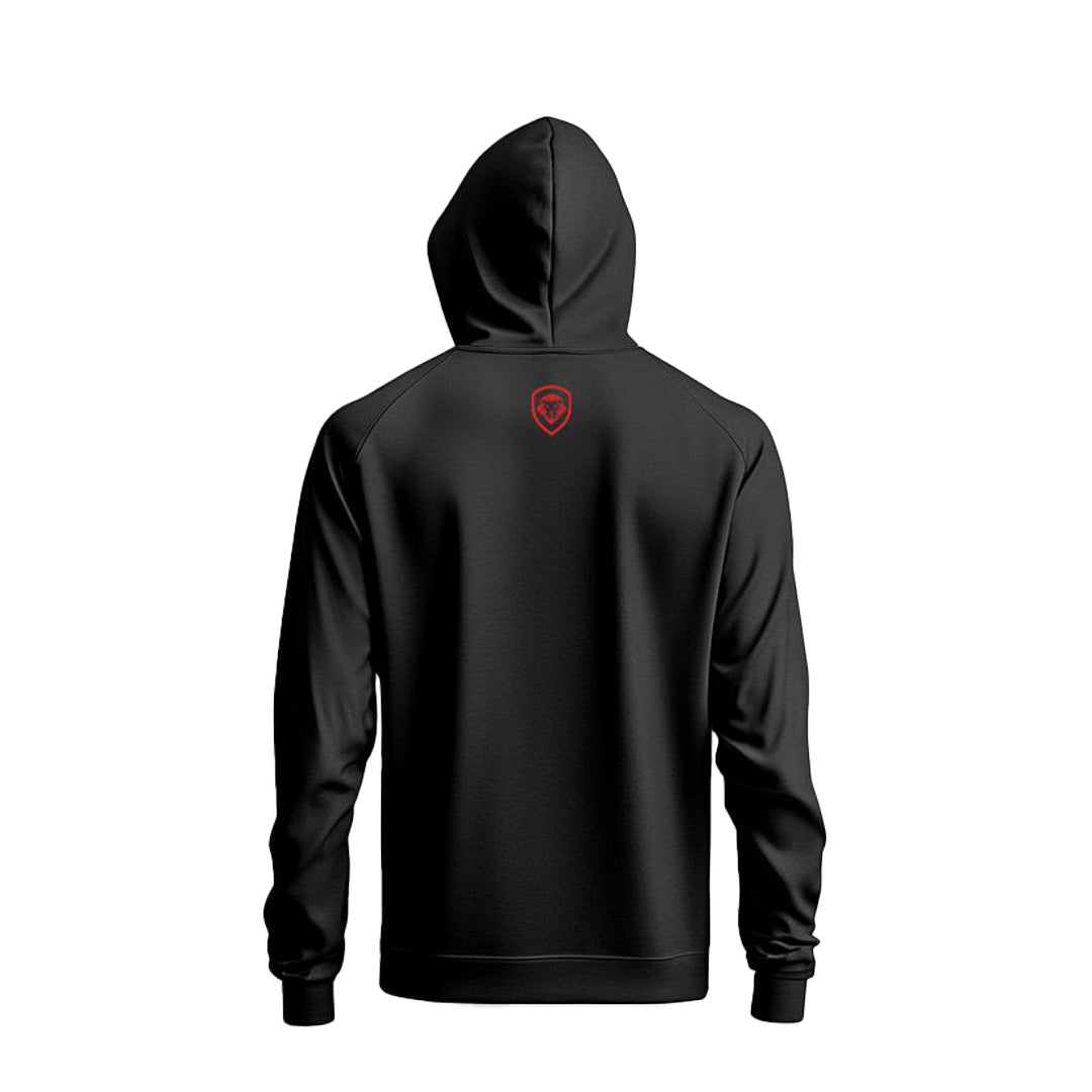Valuetainment Black & Red Lion Shield Performance Hoodie - Men's Athletic Pullover for Gym, Running & Outdoor Activities