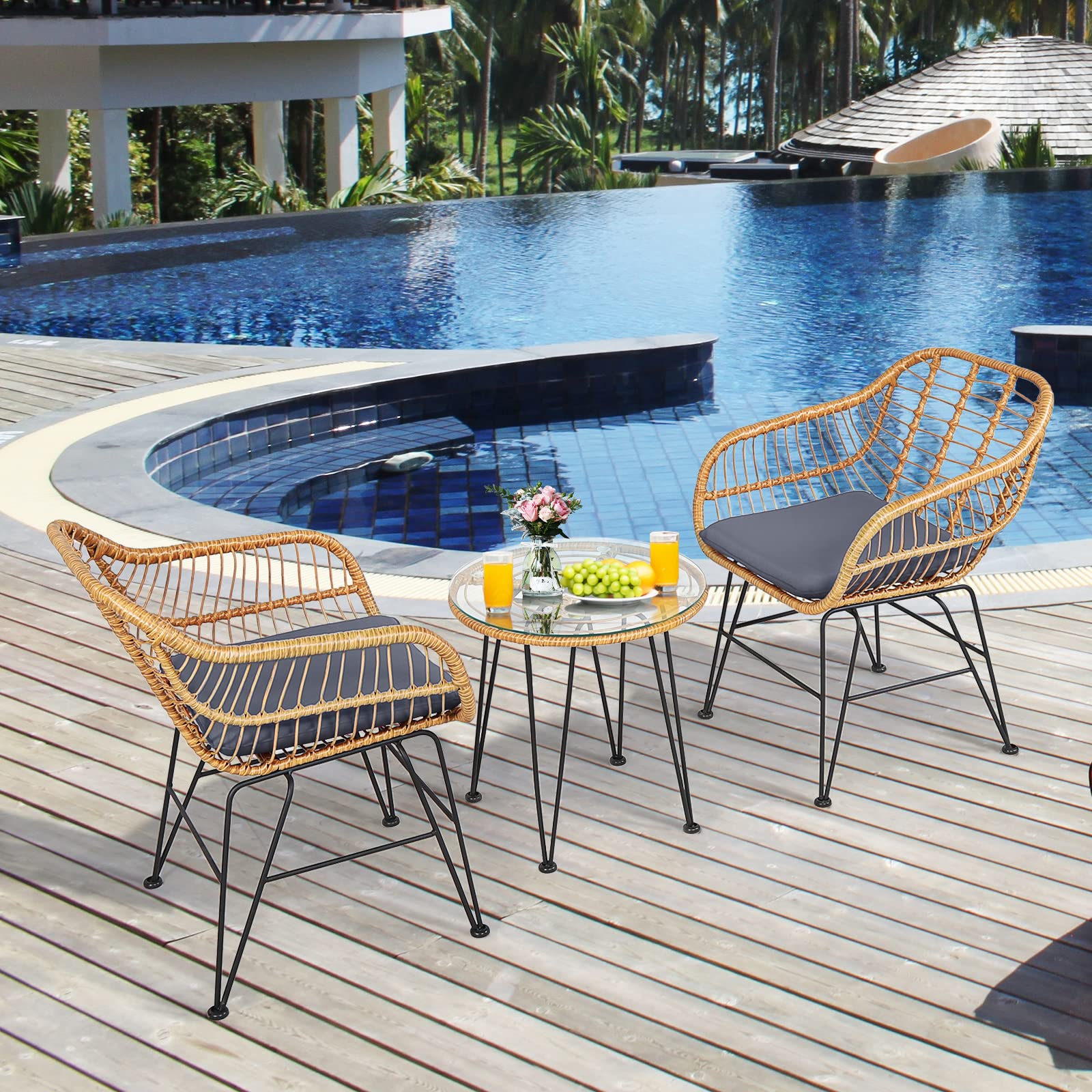 Tangkula 3-Piece Patio Bistro Set - Rattan Wicker Conversation Set with 2 Cushioned Armchairs & Round Glass Coffee Table - Indoor/Outdoor Furniture for Balcony, Backyard, Garden, Poolside - Perfect for Relaxing, Entertaining & Outdoor Dining