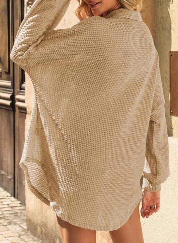 SHEWIN Women's Waffle Knit Button Down Shirt - Casual Long Sleeve Shacket Jacket, Boyfriend Style Loose Fit Blouse for Everyday Wear, Office & Date Nights