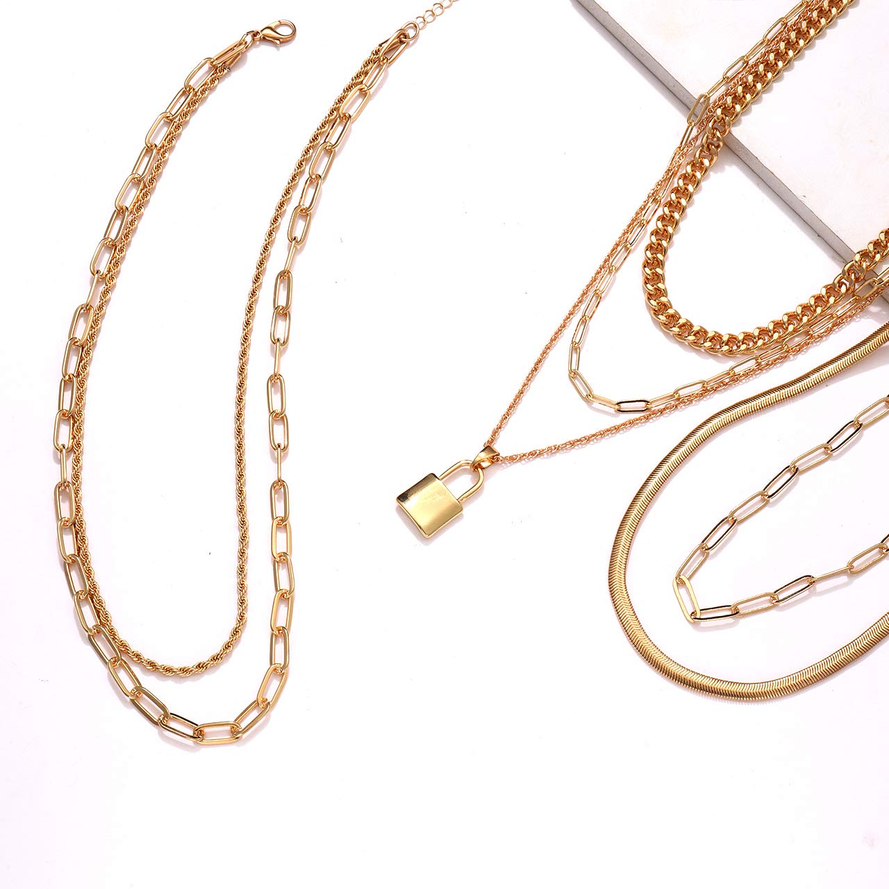 NVENF Women's Gold Chain Necklace & Earrings Set - Statement Snake Paperclip Link Choker & Twist Hoop Jewelry Gift for Birthday, Party, Wedding, Anniversary (Best Friend Gift Idea)
