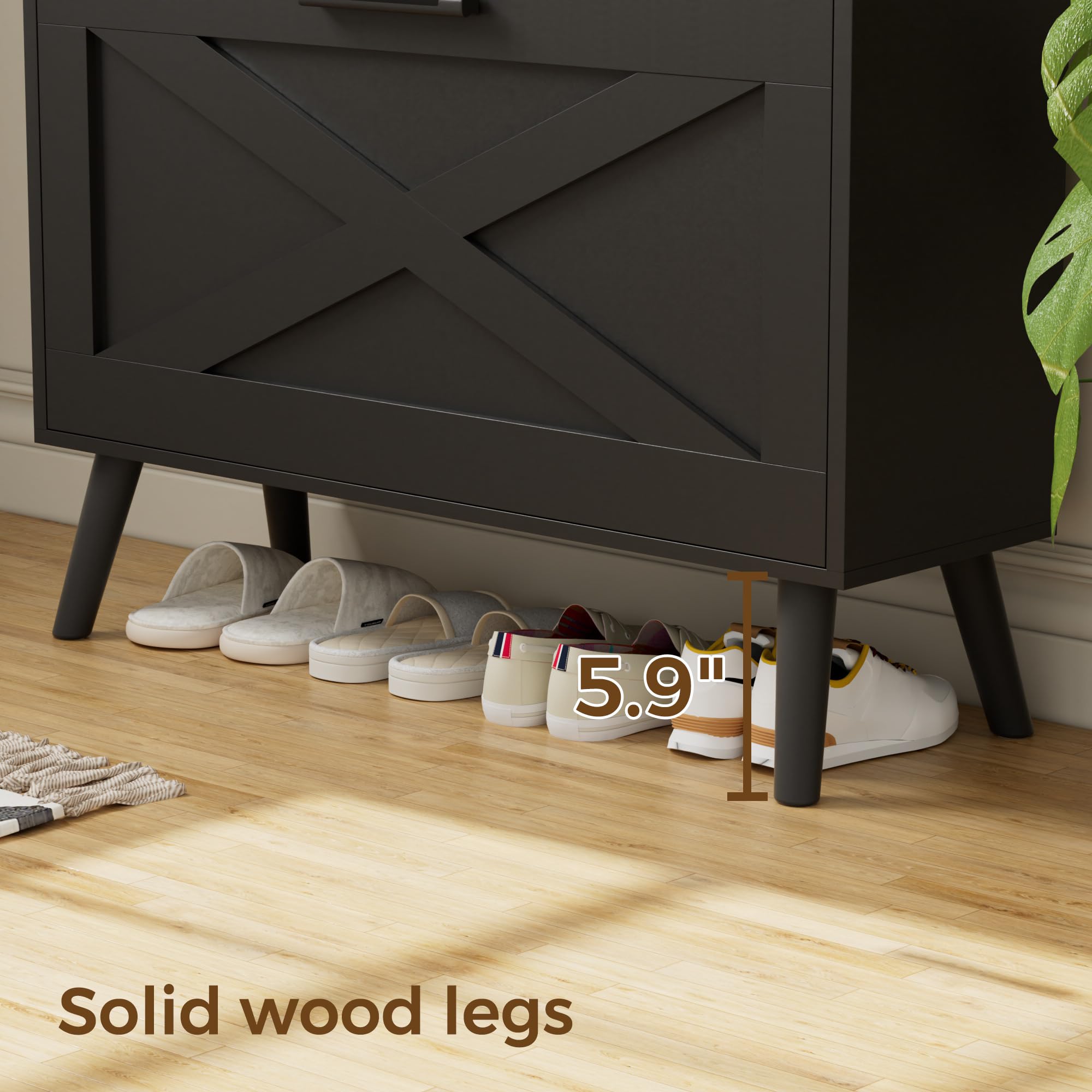 Farmhouse Shoe Storage Cabinet with 2 Flip Drawers & Barn Door Design - Adjustable Shelves Modern Hidden Slim Narrow Shoe Rack for Entryway, Foyer, Hallway - Perfect for Organizing Shoes in Small Spaces, Apartments & Mudrooms (Black)