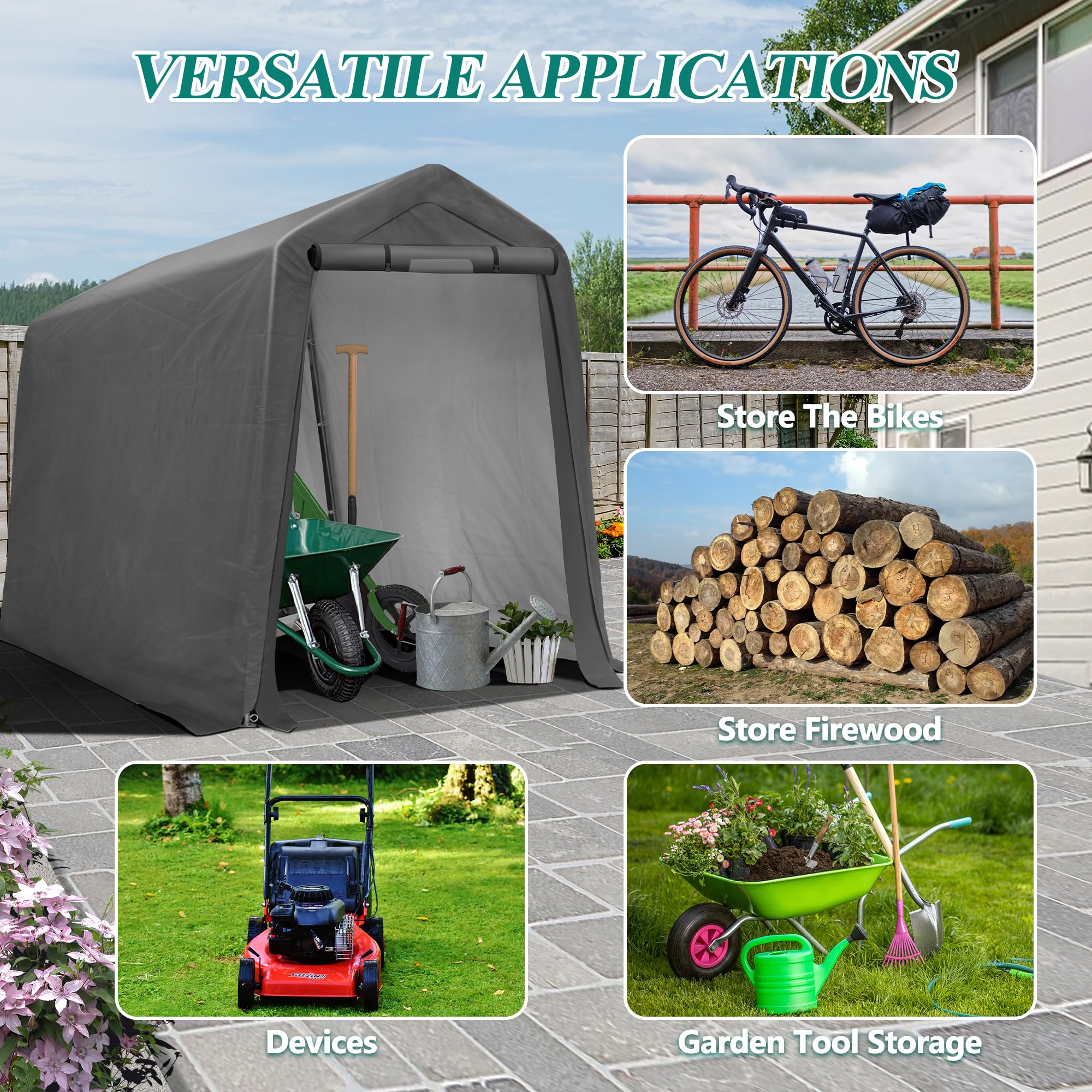6' x 7' Heavy Duty Outdoor Storage Shed Tent with Roll-Up Ventilated Windows - Portable Garage Shelter for Bike, ATV, Motorcycle - Waterproof & UV Resistant - Perfect for Backyard, Patio, and Driveway Storage (Gray)