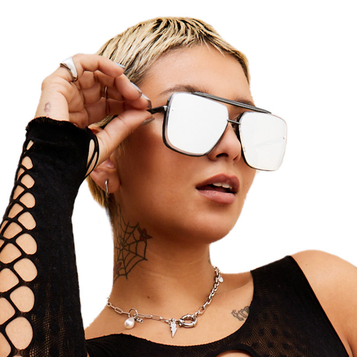 Bella Chrome Black Oversized Square Aviator Sunglasses for Women - Stylish UV Protection Shades for Driving, Beach & Outdoor Fashion