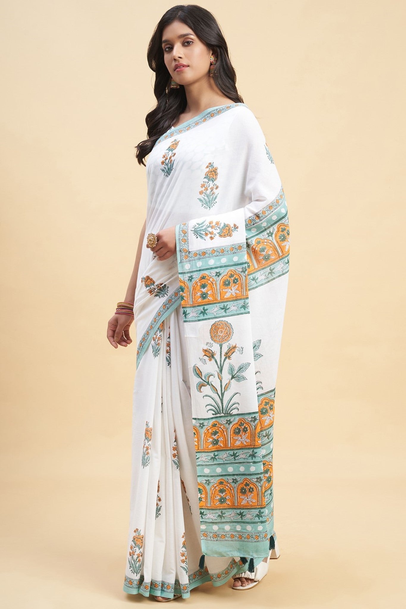 Handblock Printed Zinna Orange Mul Cotton Saree – Elegant Traditional Indian Attire for Weddings, Festivals & Special Occasions