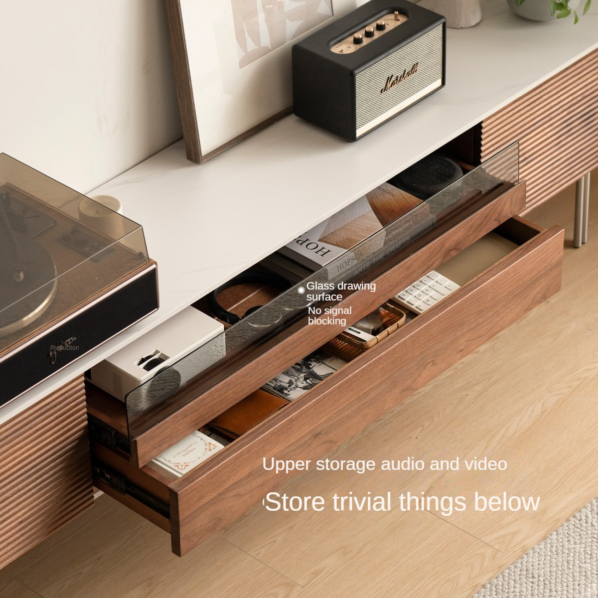 Modern Black Walnut Solid Wood TV Stand with Rock Panel Design - Stylish Entertainment Center for Living Room, Home Theater & Media Storage