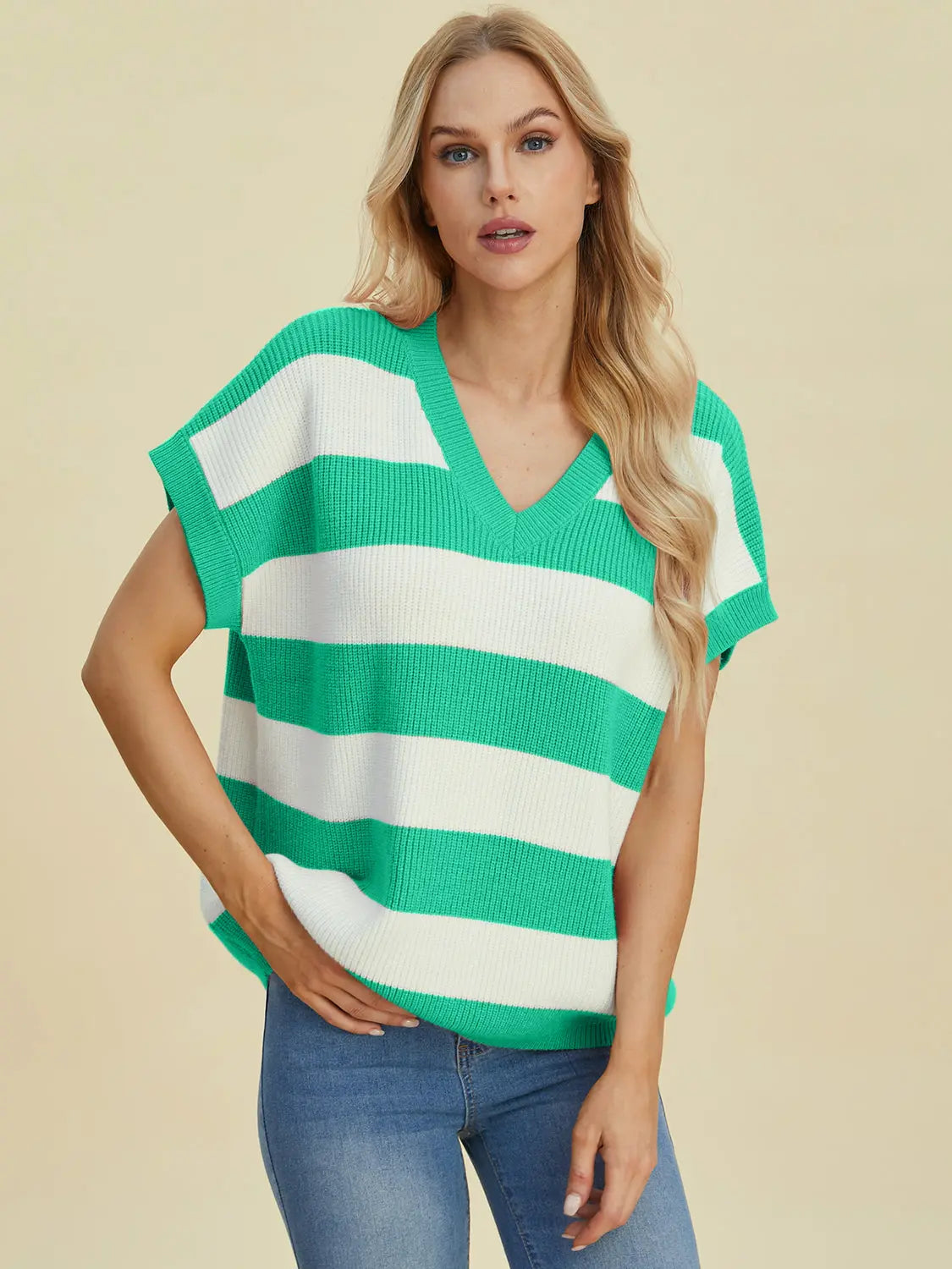 Double Take Full Size Striped V Neck Short Sleeve Sweater for Women - Soft Knit Pullover Casual Top for Spring & Summer Outfits | Office Wear, Date Night, Weekend Brunch