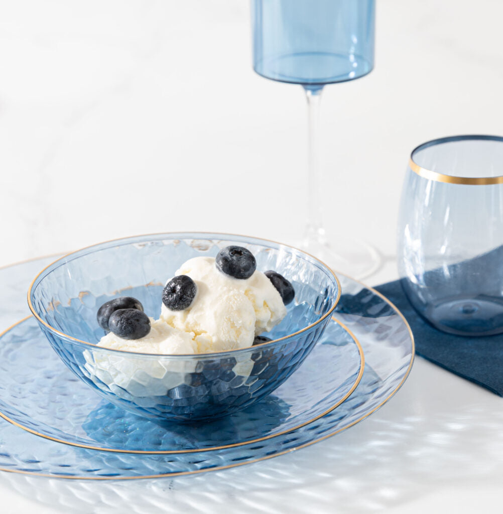 32-Piece Blue and Gold Hammered Plastic Dinnerware Set - Round Plates & Bowls for 16 Servings | Durable BPA-Free Dish Set for Parties, Picnics, BBQs & Outdoor Dining