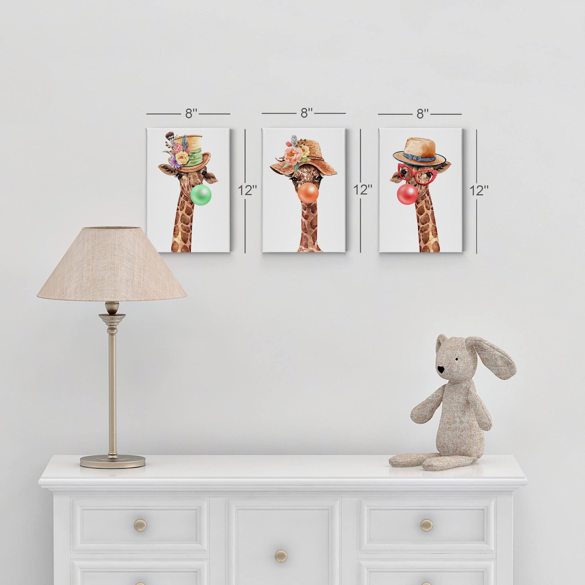 Giraffe with Hat Chewing Bubble Gum Canvas Wall Art Set - 3 Piece Animal Pop Art Prints for Living Room, Bedroom & Nursery Decor (17x11 inches) - Vibrant Kids Room Wall Decor, Unique Gift for Animal Lovers