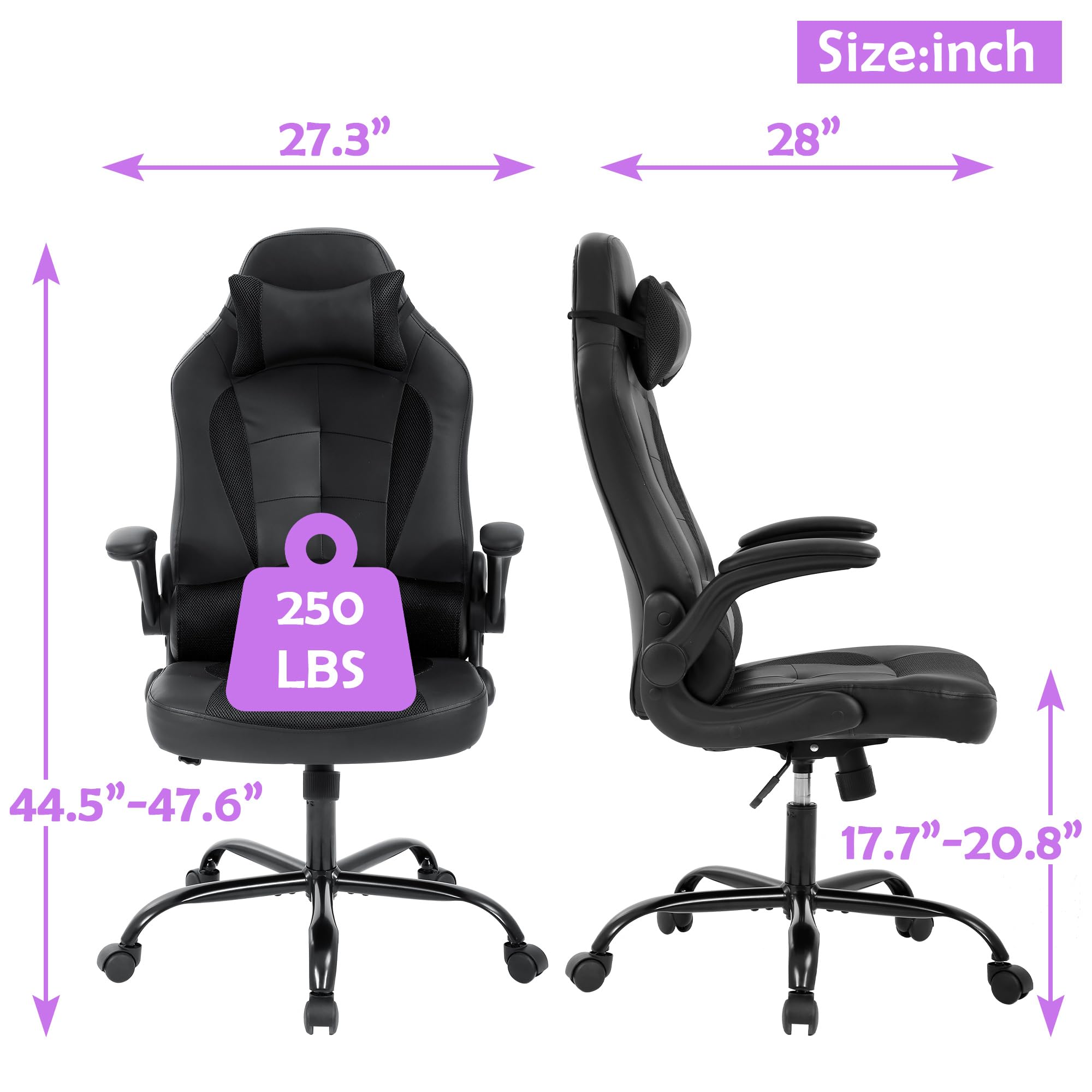 Premium Ergonomic Gaming Chair - High Back PU Leather Racing Style PC & Office Desk Chair with Adjustable Lumbar Support & Headrest - Comfortable for Adults & Teens - Perfect for Esports, Streaming & Home Office (Black)