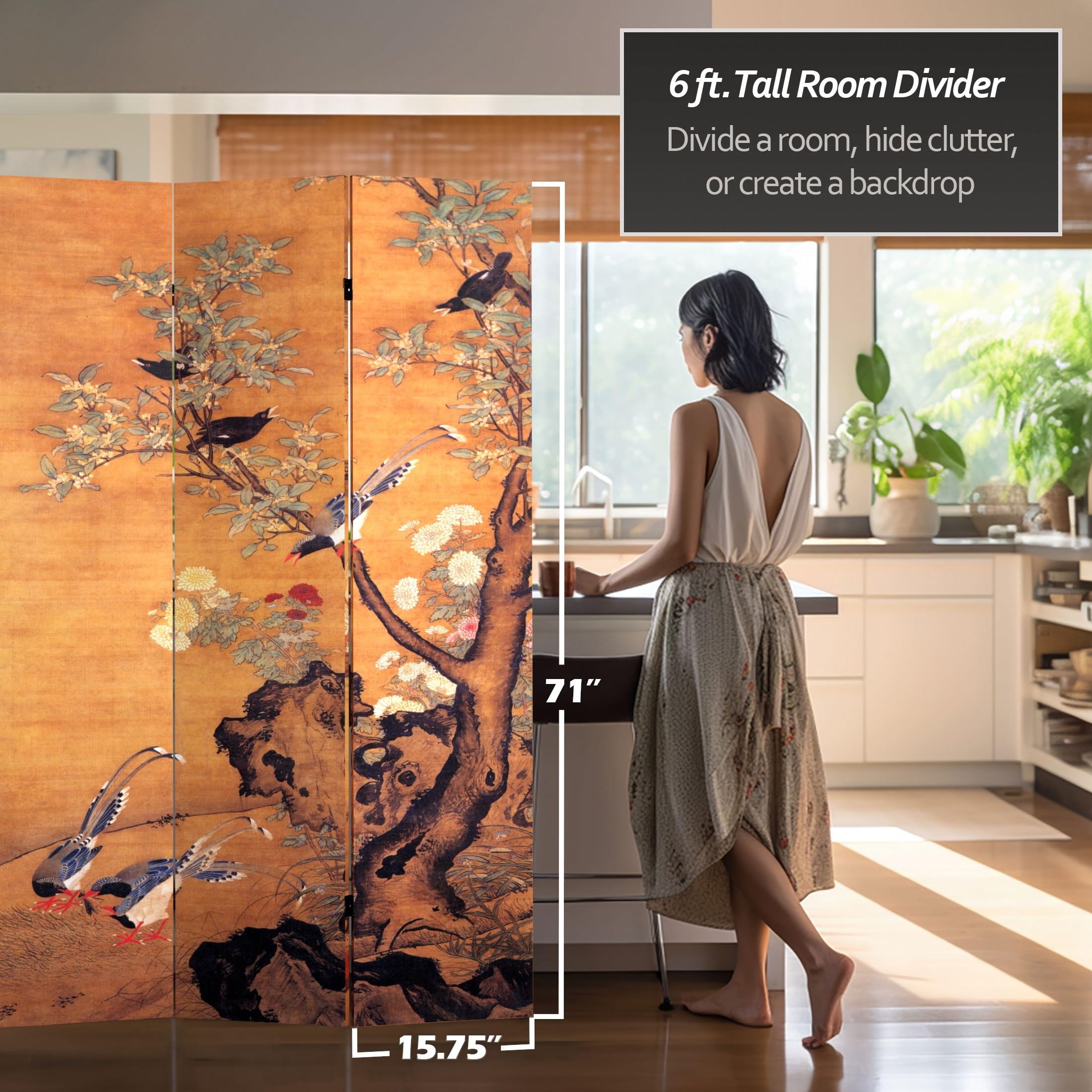 6 ft. Tall Double Sided Chinese Landscape Canvas Room Divider - Handcrafted Oriental Folding Screen with Brown Wood Frame | Perfect for Home Decor, Office Partition & Asian-Themed Spaces