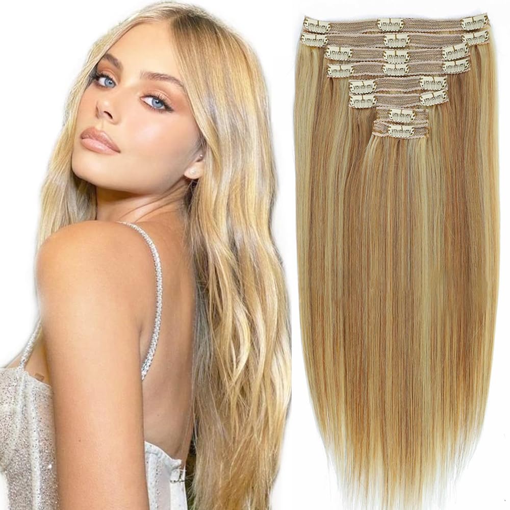 Dark Blonde Highlighted Bleach Blonde Clip-in Hair Extensions 22