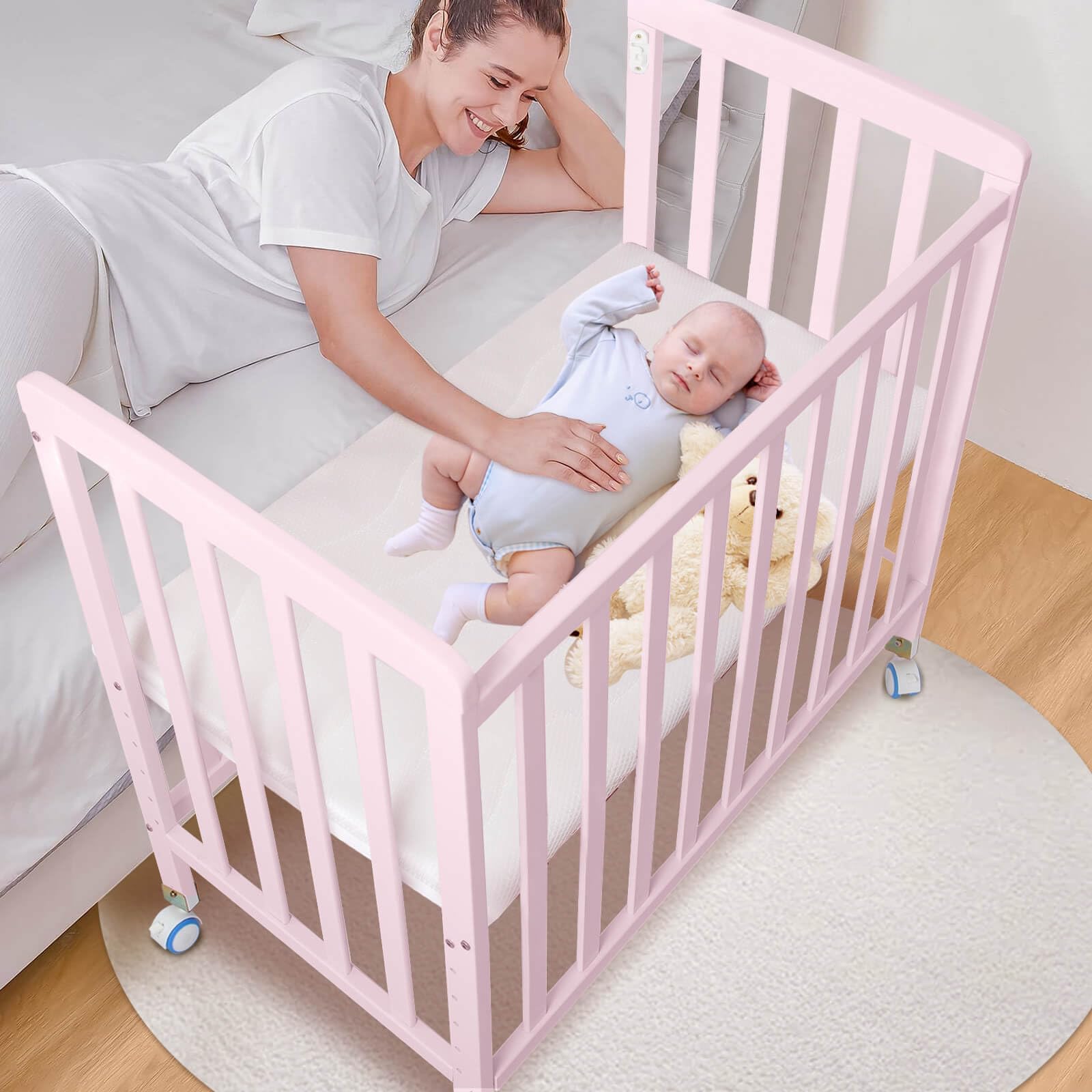 Portable Pine Wood Baby Bassinet Bedside Sleeper - Adjustable 6 Height Crib with Mattress for Newborns 0-12 Months, Space-Saving Nursery Bed for Girls (Pink) - Perfect for Co-Sleeping, Nursery Rooms & Small Spaces