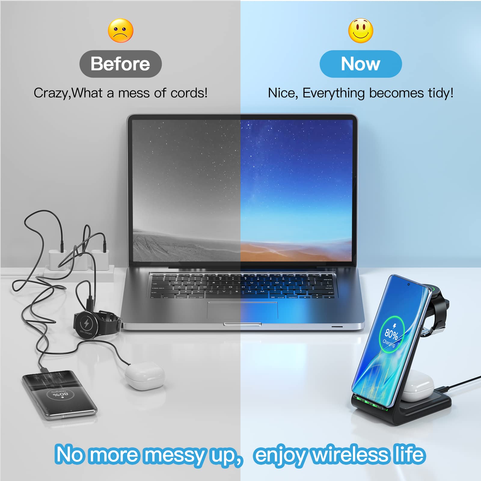 3-in-1 Wireless Charging Station for Samsung Galaxy S24/S23/S22/S21/Note 20/10, Galaxy Watch 6/5/Pro/4/3/Active/2/1 & Galaxy Buds+/Live - Fast Qi-Certified Charger Dock for Home, Office & Travel