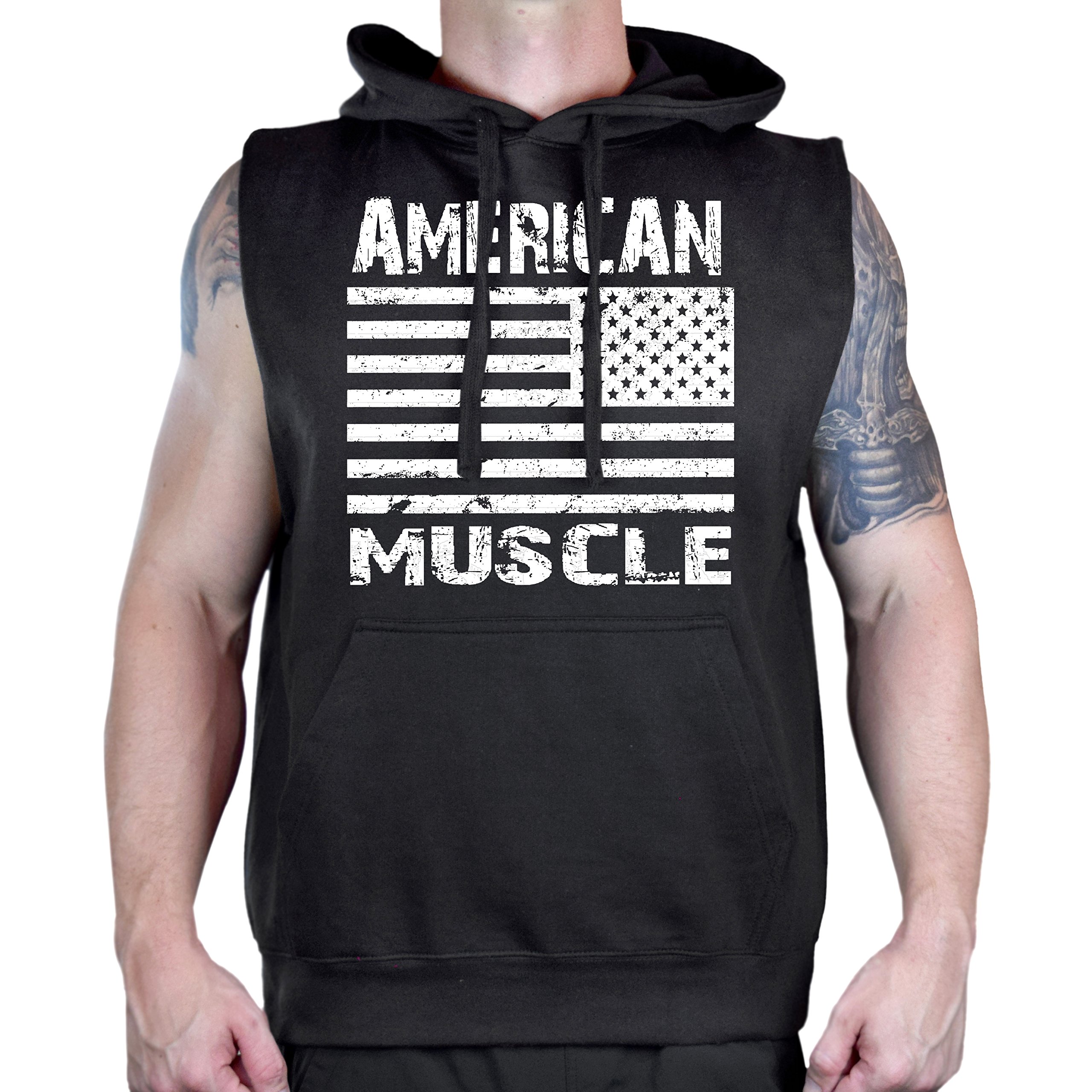 Interstate Apparel Inc American Muscle USA Flag Men's Bodybuilding Fleece Vest Hoodie - Black | Gym Workout & Outdoor Training Apparel