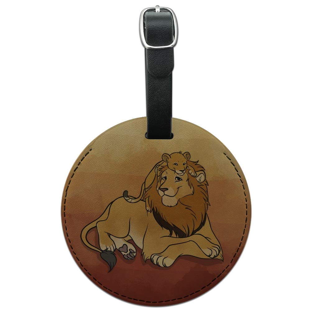 Dad Lion and Cub Round Leather Luggage Tag - Personalized Carry-On ID Tag for Suitcases & Travel Bags | Perfect for Family Trips, Business Travel & Vacation Identification