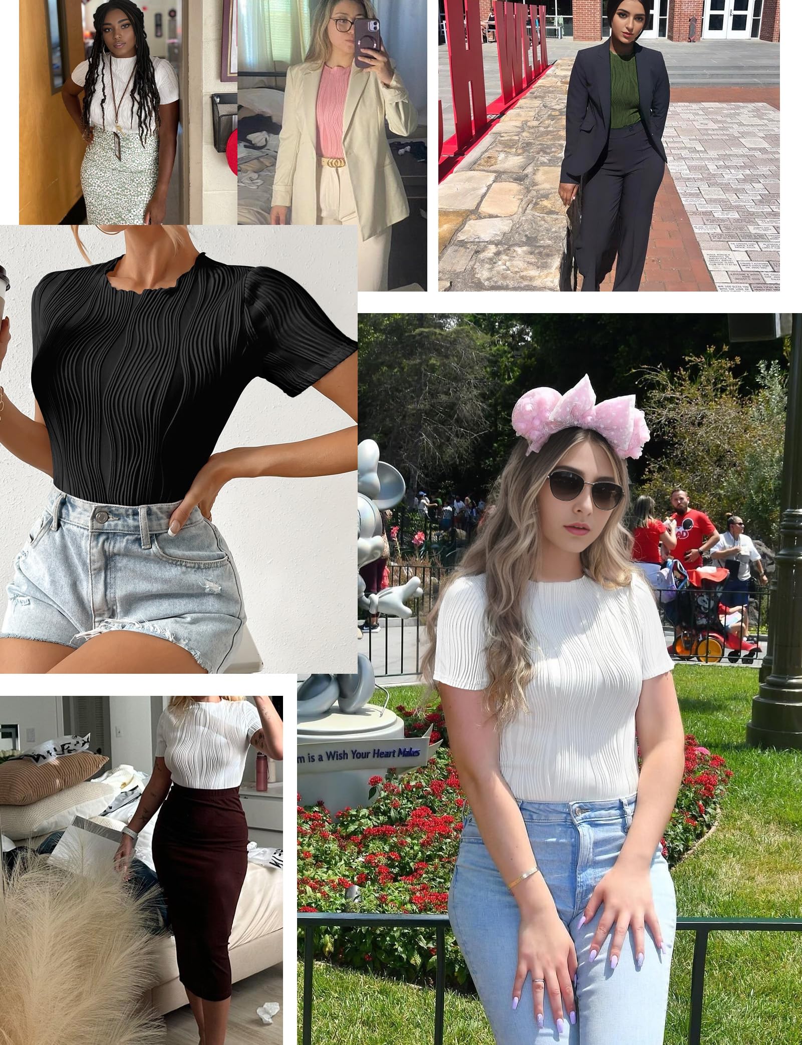 Women's Textured Fitted Bodysuit - Crewneck Short Sleeve Blouse | Sexy Summer Basic Tee for Work & Casual Outfits | Perfect for Office Wear, Date Nights & Summer Fashion 2024