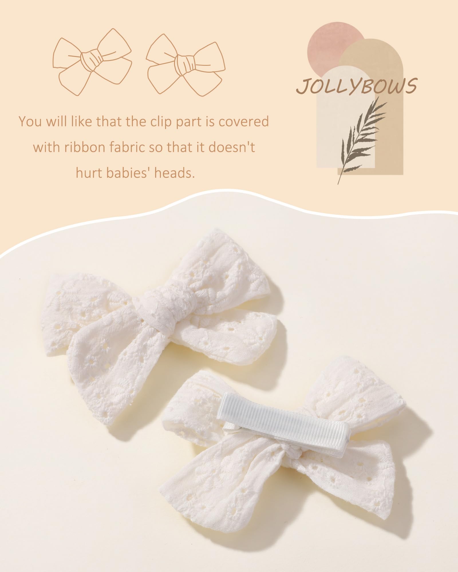 Jollybows 2-Piece 3.2 Inch Baby Girl Hair Bows - Neutral Linen White Eyelet Pigtail Clips for Toddlers | Perfect for Daily Wear, Photoshoots & Special Occasions