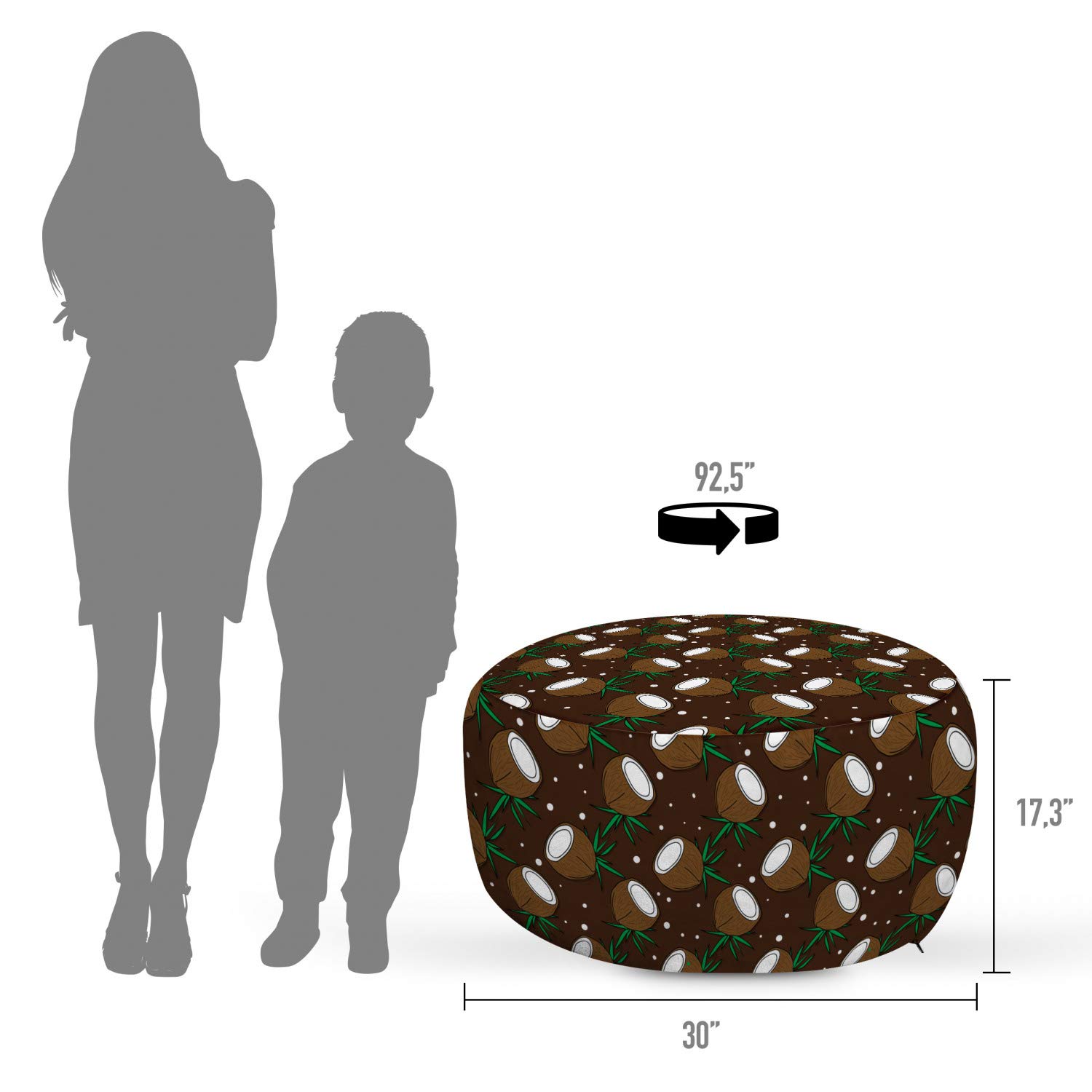 Ambesonne Chocolate Brown Pouf Cover with Zipper - Tropical Coconut & Dot Pattern Decorative Pillow Case 30x17.3 Inch - Soft Fabric Unstuffed Ottoman Slipcover for Living Room, Bedroom, or Patio Decor