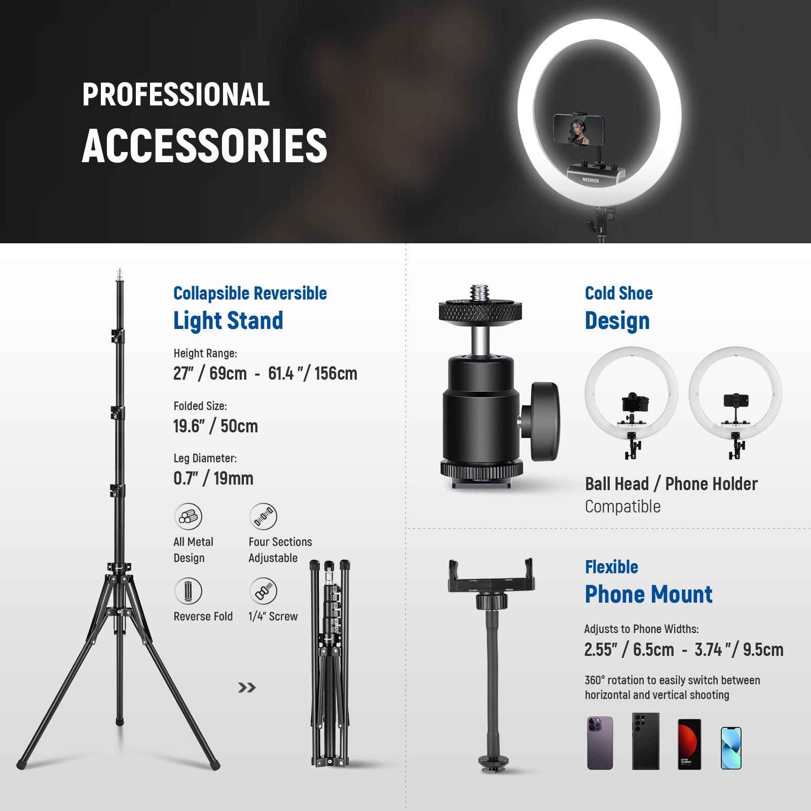 Neewer RP18B Pro 18-inch Ring Light Kit with Stand & Phone Holder - Perfect for YouTube Videos, TikTok Live Streaming, Portrait Photography, and Makeup Tutorials
