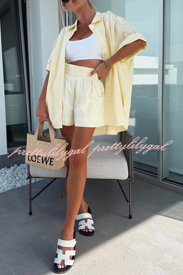 Women's Summer Casual Loose Short Sleeve Shirt & Elastic High Waist Shorts Set - Comfortable Outfit for Beach Vacation, Streetwear and Daily Wear