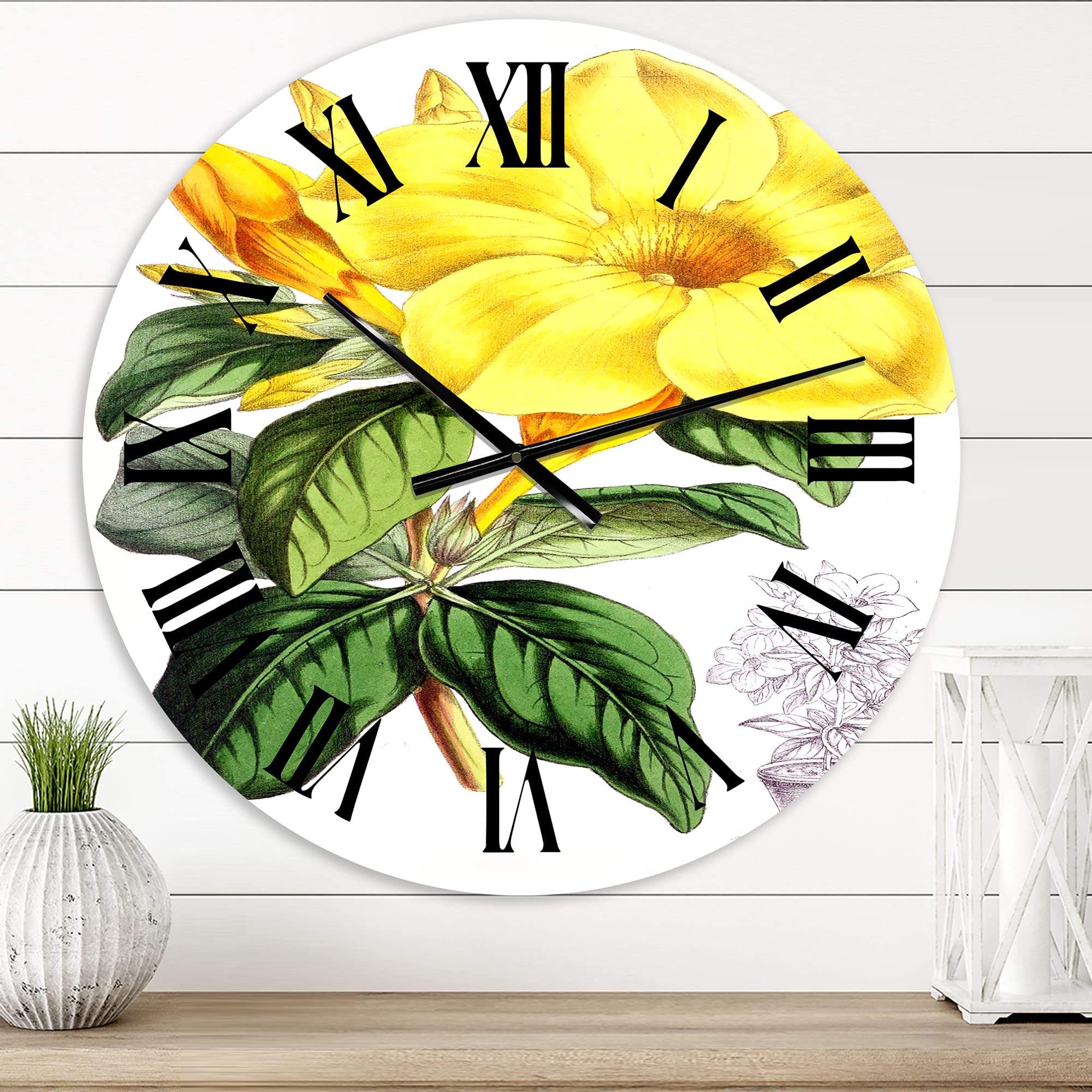DesignQ Traditional Wall Clock - Tropical Yellow Flowers with Green Leaves II - Large Floral & Botanical Wall Clock for Home, Office & Living Room Decor - Perfect for Farmhouse, Vintage & Boho Style Interiors