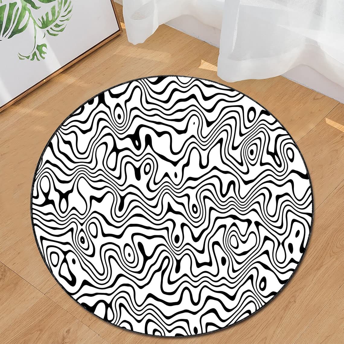 Abstract Black and White Distorted Ink Stripe Round Rug - Modern Fashion Carpet for Living Room, Kitchen, Bathroom - 5.2 Feet (63 Inch / 160 cm) - Perfect for Contemporary Home Decor & Cozy Spaces