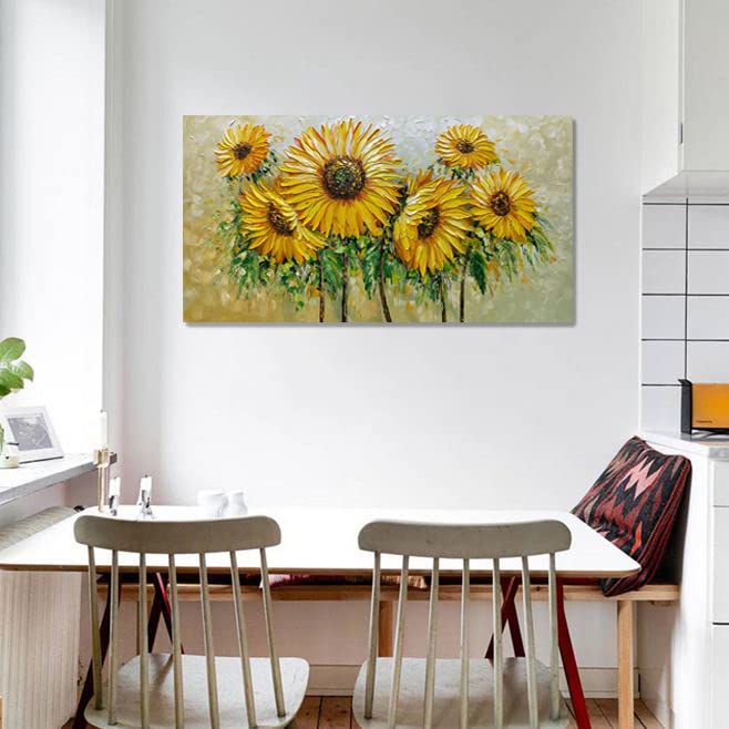 AZAVY ART 24x48 Inch Hand Painted Sunflower Oil Painting - Textured Abstract Floral Canvas Wall Art, Stretched & Framed Ready to Hang - Perfect for Living Room, Bedroom, or Office Decor