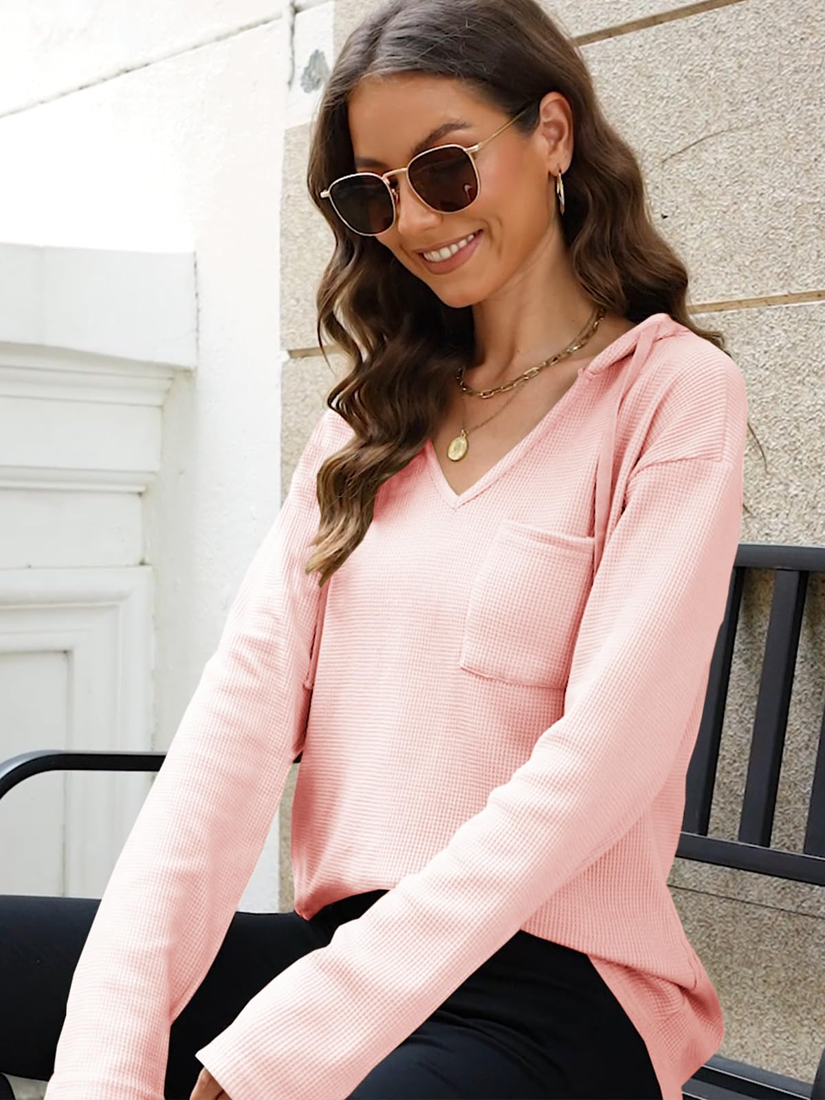 Eniloyal Women's Waffle Knit Hoodie - Long Sleeve V-Neck Pullover Sweatshirt with Pockets | Trendy Fall Fashion for Casual Wear, Outdoor Activities & Layering