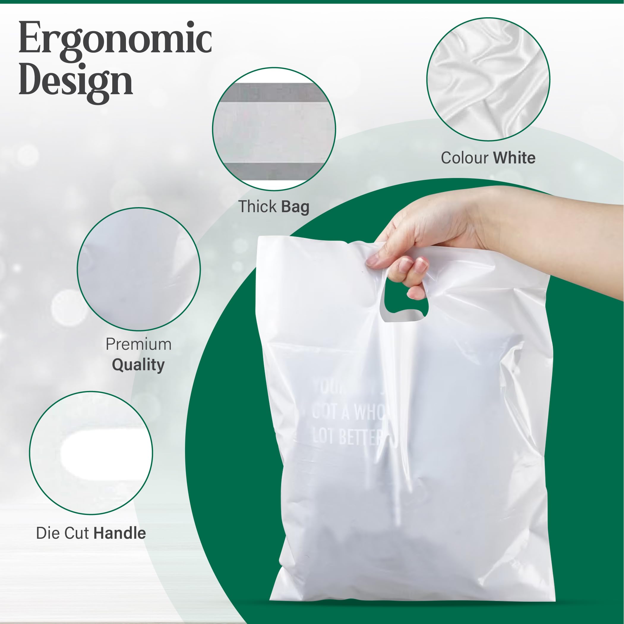 100 White Plastic Handle Shopping Bags 15x18+3 Inches (38x46+7cm) - Bulk Grocery Bags for Supermarkets, Boutiques, Gift Shops & Market Stalls | Durable Carry Bags for Retail, Parties & Events