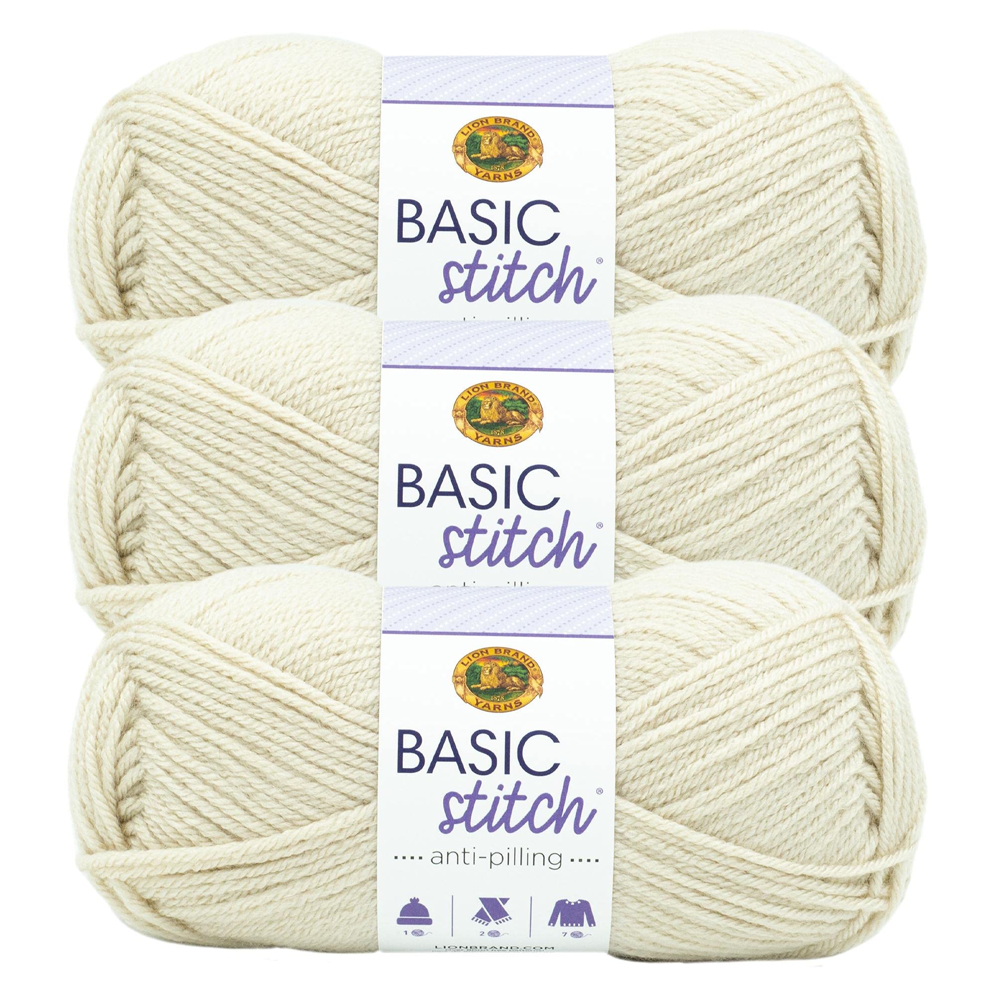 Lion Brand Yarn Basic Stitch Anti-Pilling Knitting & Crochet Yarn - 3-Pack Soft Beige Heather - Perfect for Scarves, Blankets & DIY Crafts