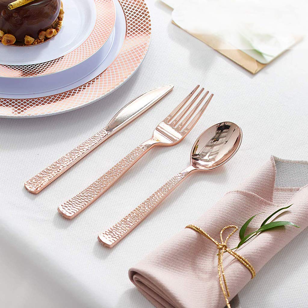 180-Piece Rose Gold Plastic Cutlery Set - Elegant Forks, Spoons & Knives for Parties, Weddings, Birthdays - Disposable Tableware for Outdoor Events, Picnics & Catering