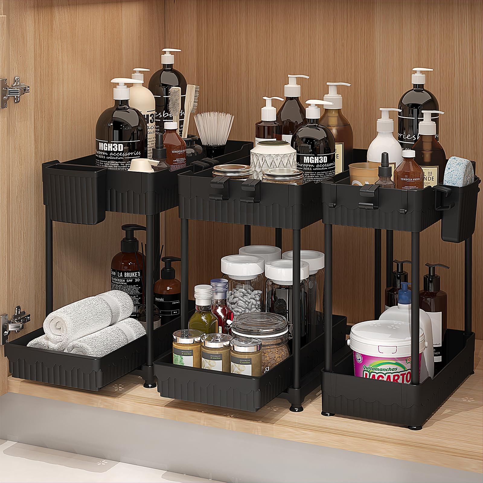 Sevenblue 3-Pack Under Sink Organizer with Sliding Drawer - 2-Tier Bathroom & Kitchen Storage Solution with Hanging Hooks & Cups (Black) - Perfect for Small Space Organization in Bathrooms, Kitchens, Laundry Rooms & Closets